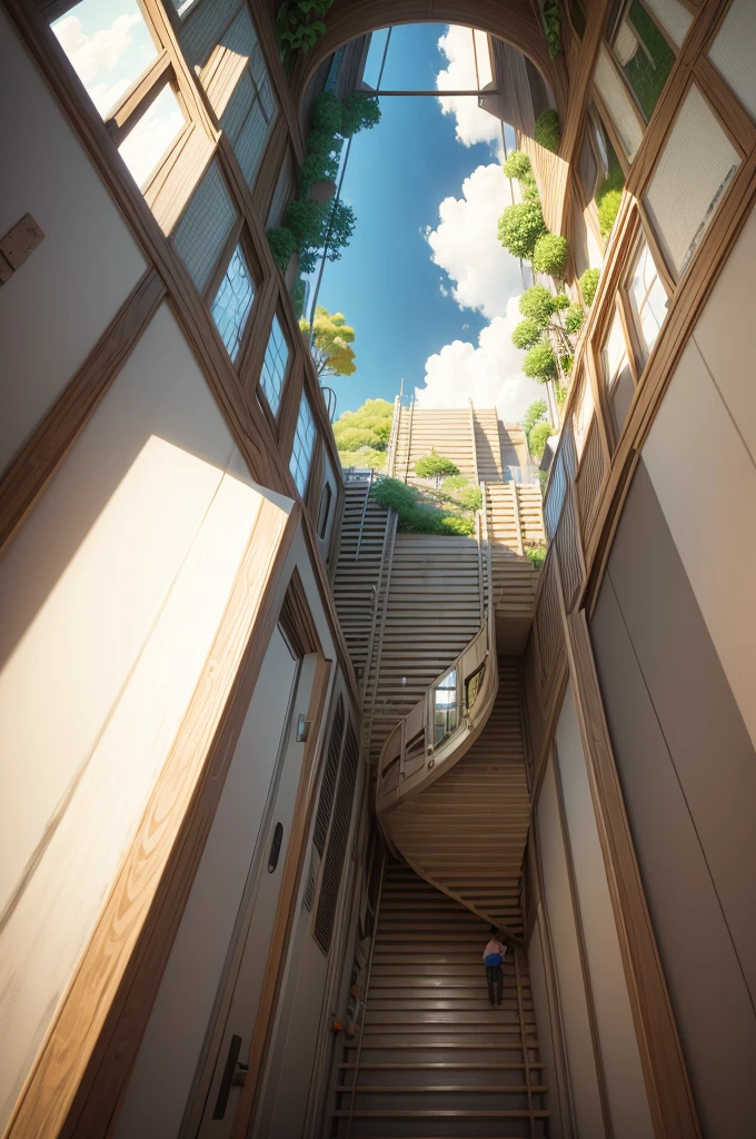 Trick Art、Escher、Looking up from below inside a giant jungle gym、Ultra-wide-angle lens、