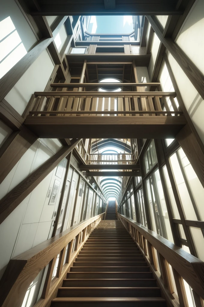 Trick Art、Escher、Looking up from below inside a giant jungle gym、Ultra-wide-angle lens、