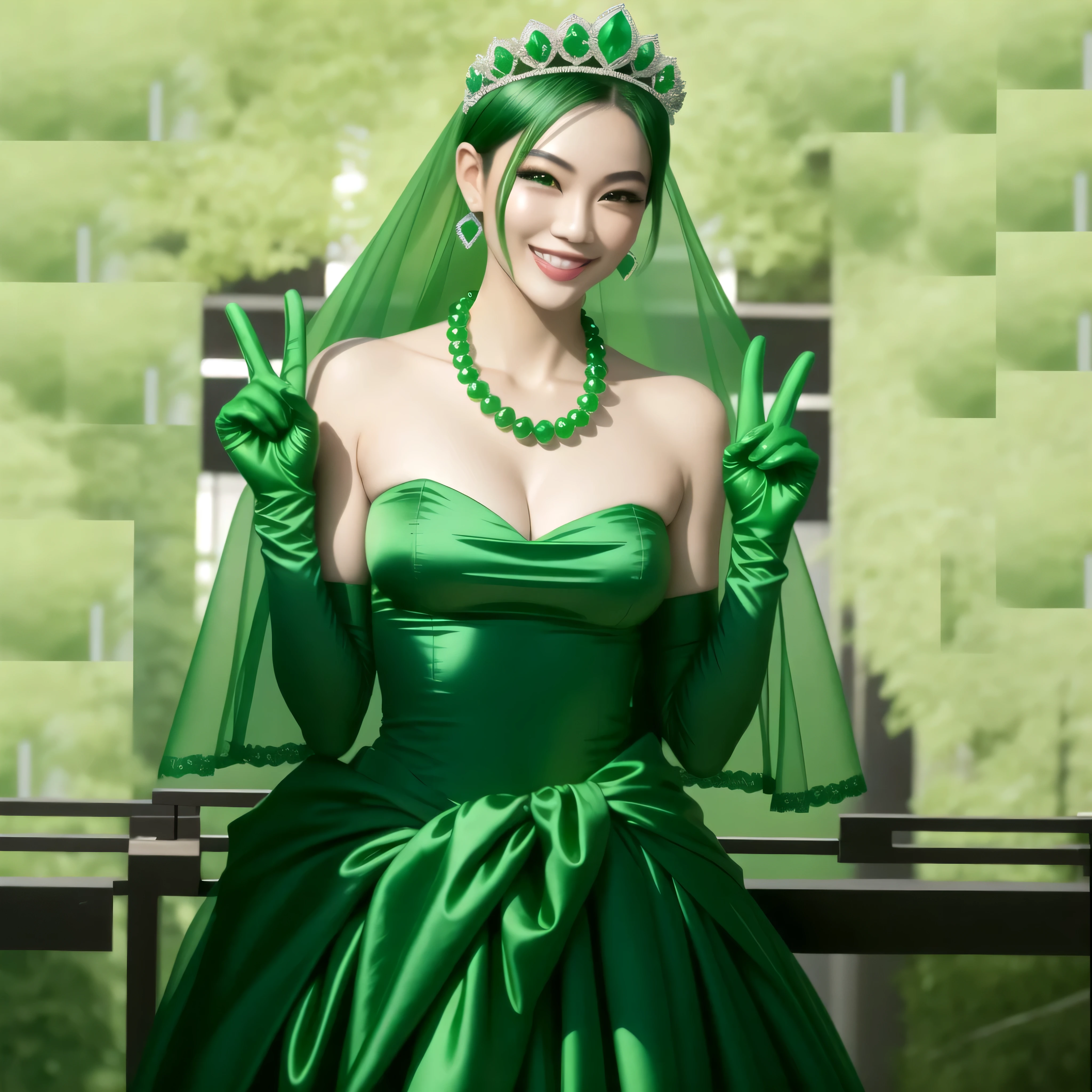 emerald tiara, green pearl necklace, boyish very short green hair, green lips, smiling Japanese woman, very short hair, Beautiful woman with big breasts, green eyes, green satin long gloves, green eyes, emerald earrings, green veil, Heart with both hands, green hair, beautiful japanese woman, heart shaped hands:1.3, green lip gloss