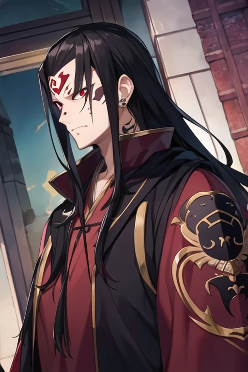 masterpiece，best quality，Game CG, vampire，Evil，emperor，Noble robes，1 mature man，solo，Male focus，face tattoo，Looking at the audience，棕色Long hair，Red Eyes，Long hair，Black tattoo on forehead，Chinese clothing，
