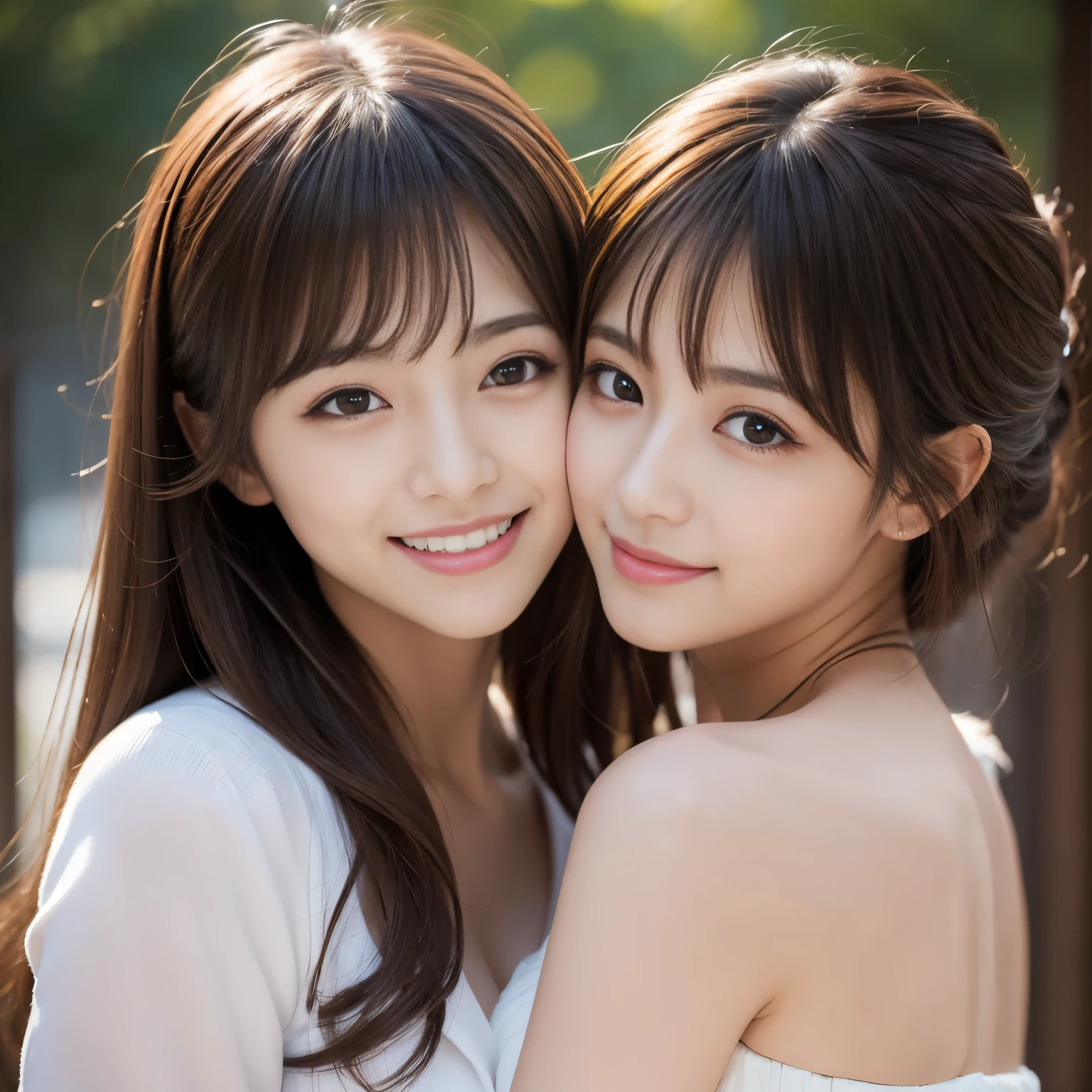 (2girl:1.3), gorgeous beautiful & elegant, (beautiful portrait of two women:1.25), (best quality, masterpiece:1.2), (photorealistic:1.2), 16K, absurdres, beautiful eyes, (light brown hair, asymmetrical hair, asymmetrical bangs, messy hair), full round face, (hug each other:1.2), (seductive smile:1.2), (dynamic lighting), (upper body), highly detailed, (close-up:1.1), Attractive 2 Japanese woman Pictures, 