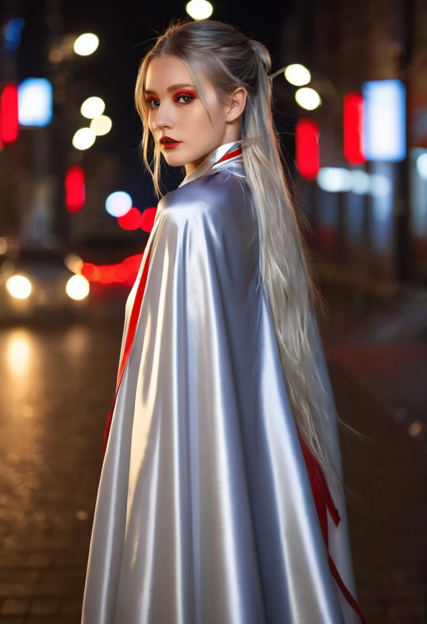 (RAW Photo) , (highly detailed:1.20) , ultra realistic :1.10) ,sexy girl in her 20s , (perfect face:1.20) , (detailed red eyes:1.20) , with long silver hair in ponytail , (((long silver satin cape tied at the neck with a ribbon :1.20))) , naked , full body, walking down street at night , high-quality ultra realistic style, detailed eyes, professional, expressive , 8K , highly detailed , professional,