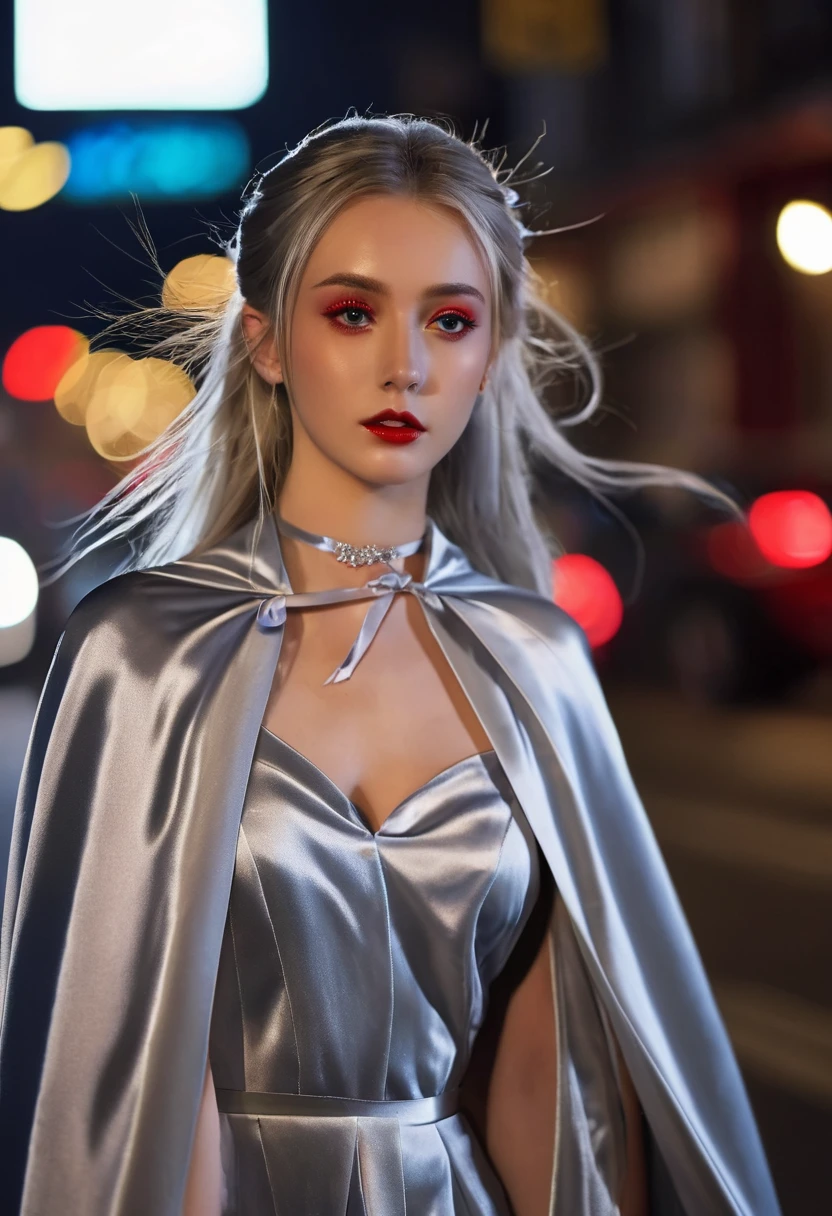 (RAW Photo) , (highly detailed:1.20) , ultra realistic :1.10) ,sexy girl in her 20s , (perfect face:1.20) , (detailed red eyes:1.20) , with long silver hair in ponytail , (((long silver satin cape tied at the neck with a ribbon :1.20))) , naked , full body, walking down street at night , high-quality ultra realistic style, detailed eyes, professional, expressive , 8K , highly detailed , professional,