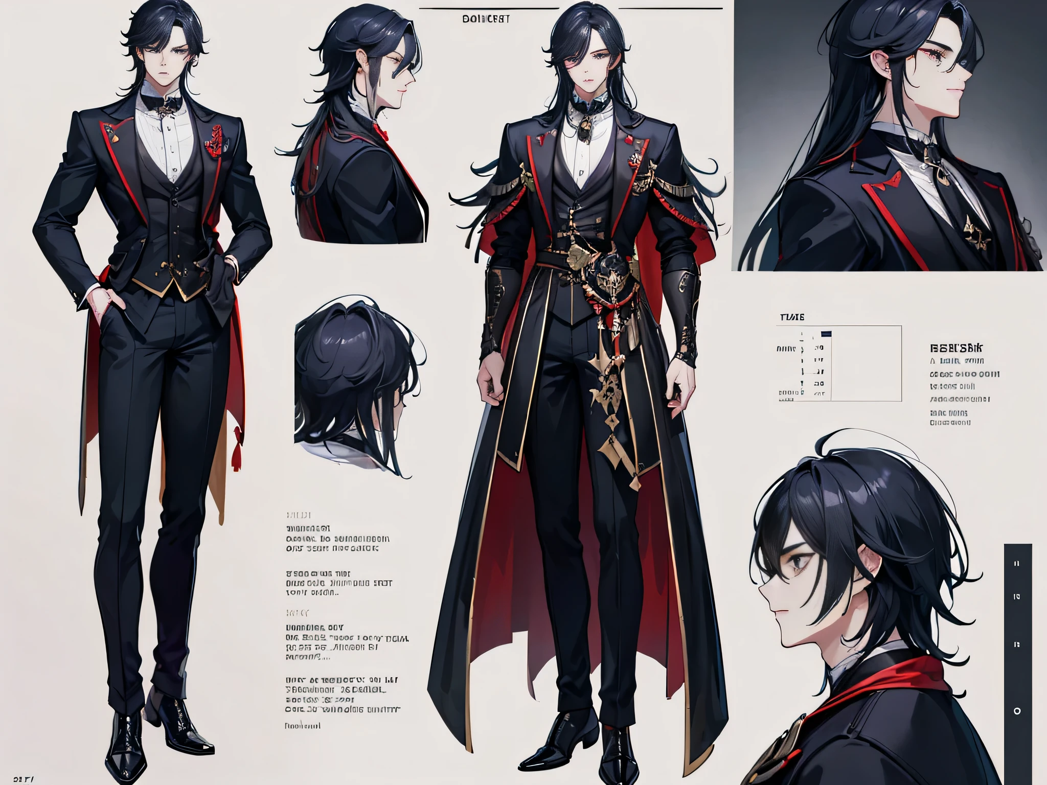 ((Masterpiece, Highest quality)), Male, boy, Detailed face, character design sheet， full bodyesbian, Full of details, frontal body view, back body view, Highly detailed, Depth, Many parts, Muscle boy with black long hair，handsome man, vampire outfit clothes, Genshin Impact, man tall