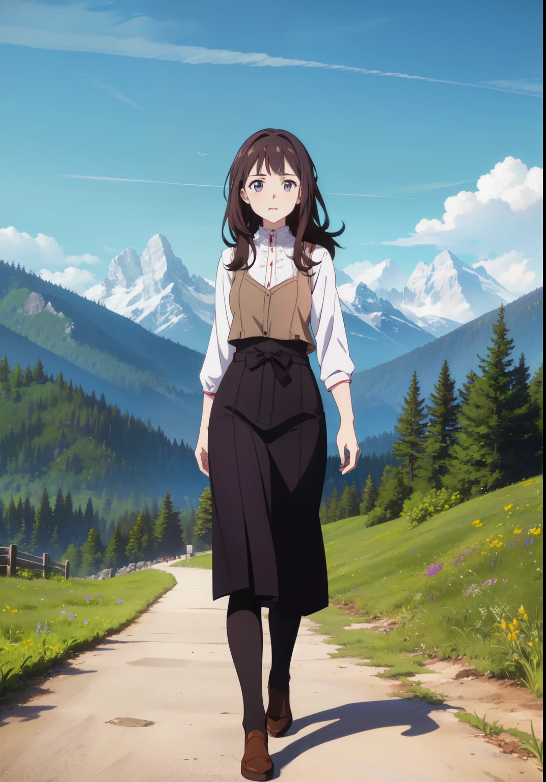 ((Anime)) ,(((Young woman))), (lilac eyes), (Fatal beauty), (masterpiece:1.2), Best quality, a high resolution, unity 8k wallpaper, (illustration:1.2), (very detailed face), (Perfect hands), (Ideal Anatomy), black hair, long hair, long bangs, (confident look), Proud posture, женщина in a vest и сапогах, Going, in a vest, in a light blouse, well designed outfit, Full body shot, Brown Vest, (Kate Middleton style clothes), (shooting from afar), (distant plan), Mountain Trail, walking along a mountain path, (about vacation), ((confident look:1.2)), Commitment