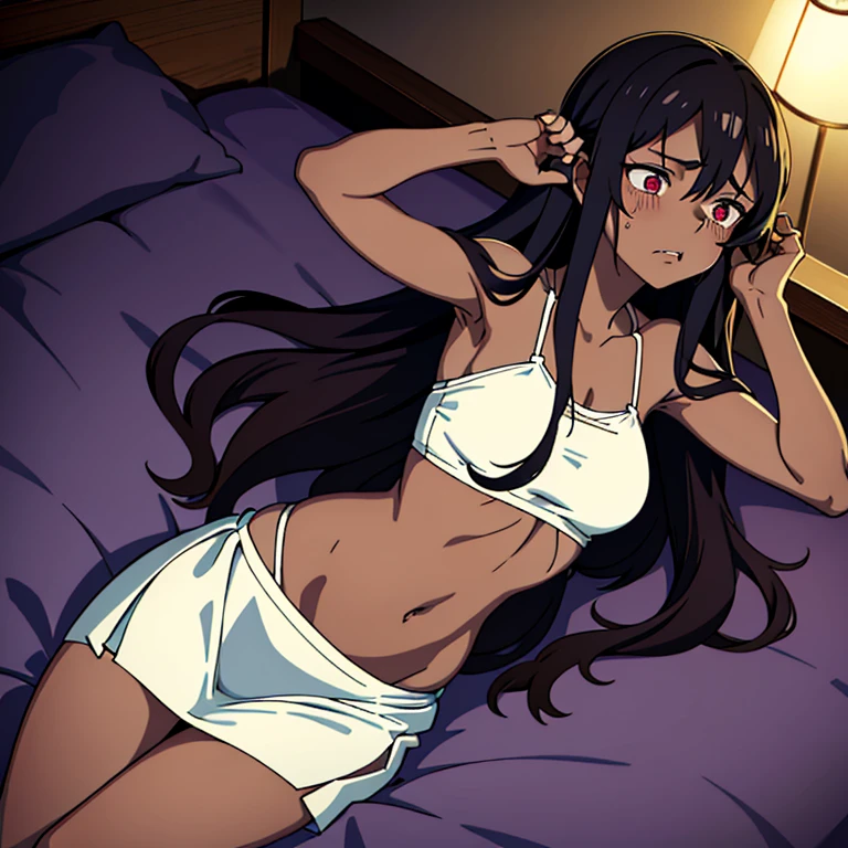 ((best quality)), ((highly detailed)), masterpiece, detailed face, beautiful face, (detailed eyes, purple eyes), (1girl), dynamic pose, (((wide shot))), ((dark skin, dark-skinned female, ebony)):1.2, black hair, dreadlocks, (very curly hair), medium hair, (indoors, in bedroom) (African hair) ((wearing white lingerie)) ((laying on a bed)) ((cutely angry and yelling)) (smooth shiny skin) (realistic anime)