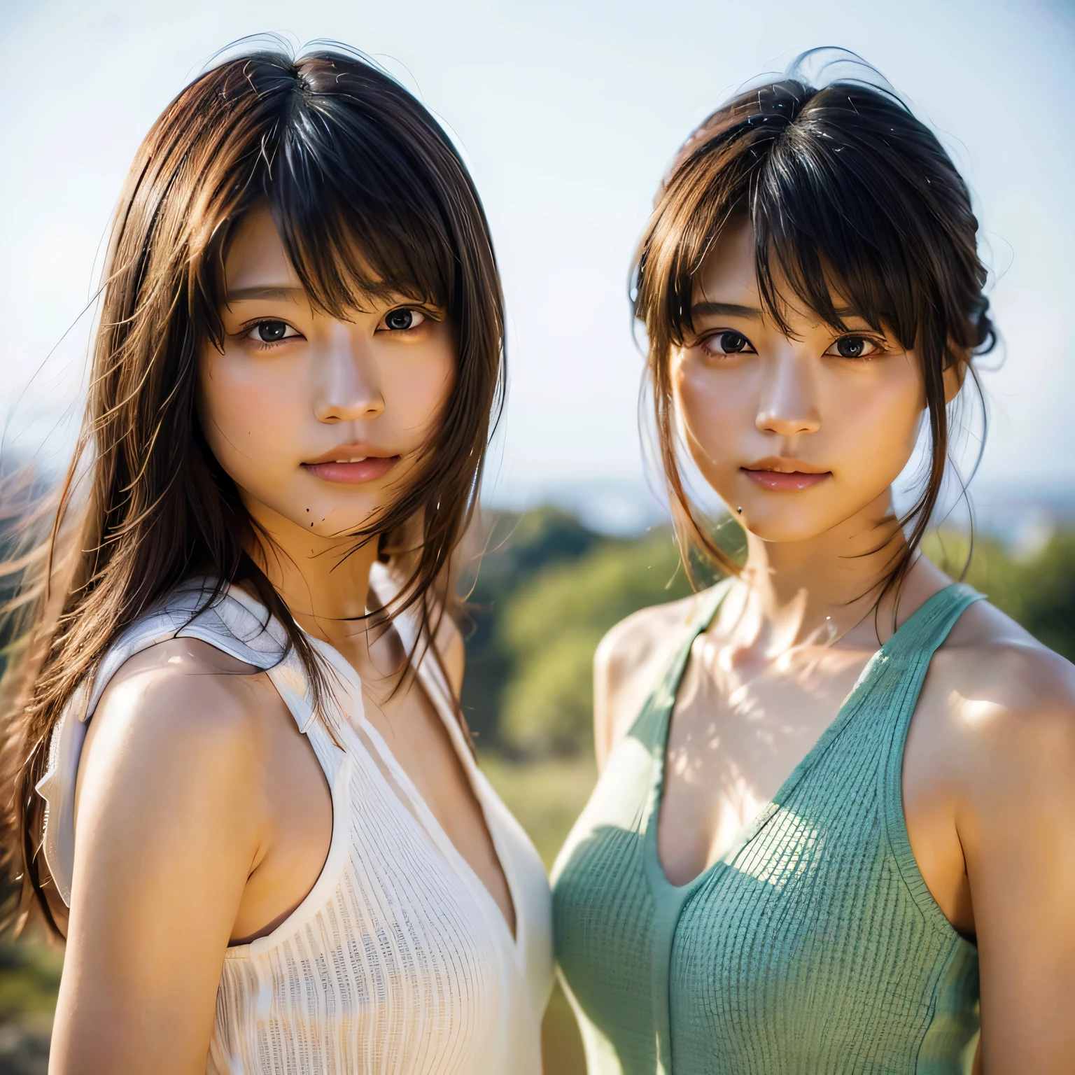 identical twin sisters、(highest quality, High resolution, masterpiece, realistic:1.2),(HDR, Bright colors),2 girls, Japanese, not wearing anything, big , slender and slender body, beautiful face, detailed facial features, pose for a photo,outdoor, professional dynamic lighting, (close:1.3, seen from below), detailed expression, natural pose, green background with fog, cool tone, cozy atmosphere, photon mapping