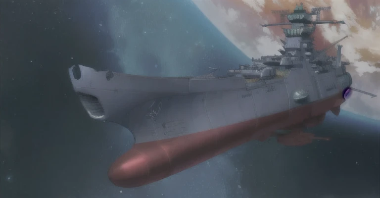 (Vibrant image colors VIVID)Spaceship flying over a ship in space,The background is a planet, Yamato, realistic warship design, Kilo, captain, detailed spaceship, Fleet Collection Style, Chrono Fortress, Chrono Fortress franchise, The Golden Fleet, From the Azur Lane video game, space ship, style of Chrono Fortress, Chrono Fortress frontier