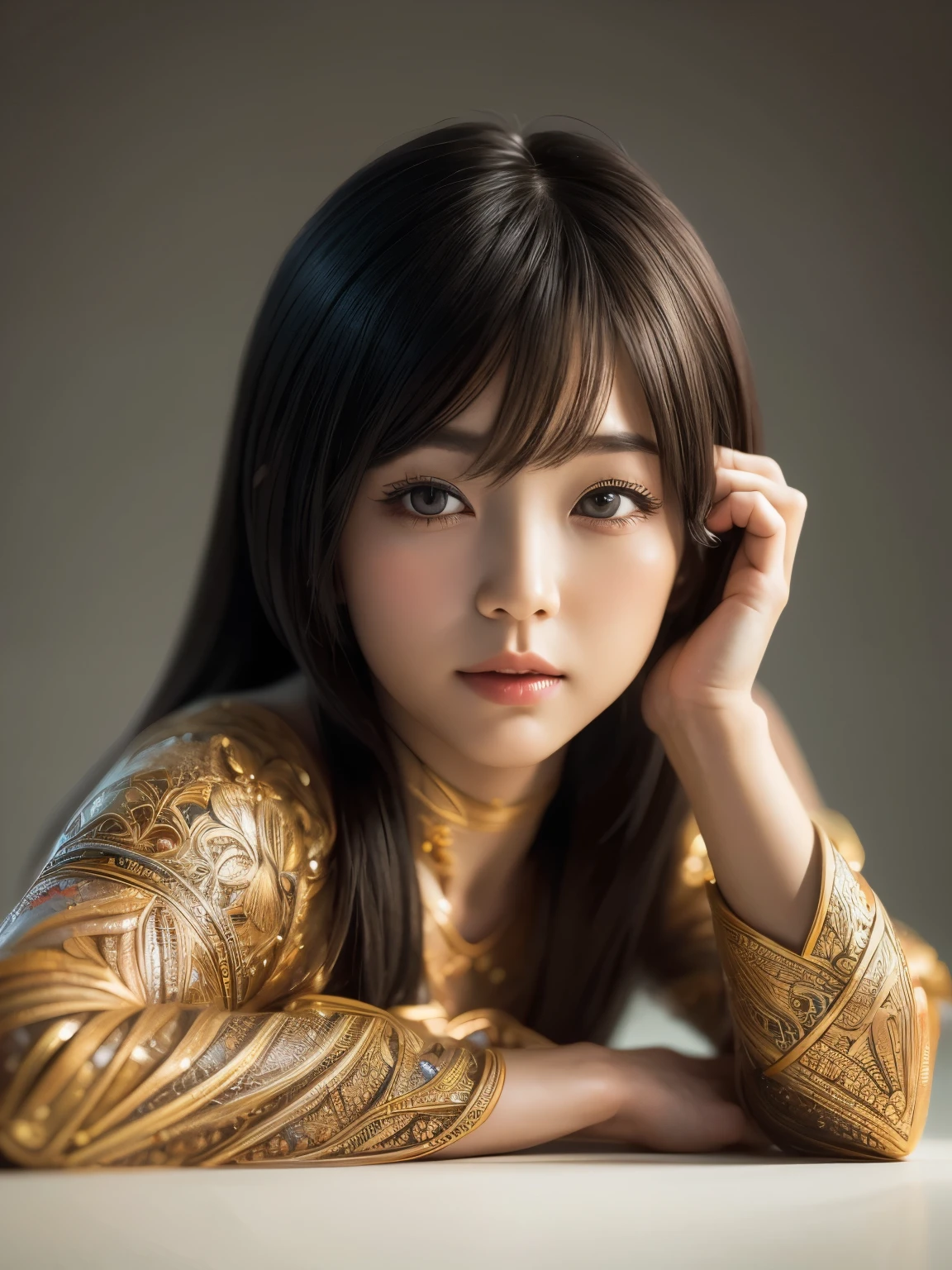 (Single focus:1.5),Hyper-detailing,(tmasterpiece:1.4),optimization,Ultra-high resolution, 1Blittle girl((fei))in a sunbeam,((solo)),(Chinese immortals,Dunhuang costumes,Dunhuang style 1.5), outrageously long,Black hair,(tiny mouth:1.5),(full bodyesbian:1.7),(long leges:1.4),Barefoot,The ankles are dotted with bells,There is a mole under the mouth,Moles under the eyes ((gaming console_CG))(((quality)))(((ultra - detailed)))(((tmasterpiece))), "water" Theme,Chinese theme,ink wash style,Tension lens,Background of details,Doubleexposure,BUDDHA STATUE, flawless perfection,Ren,Extremely flowing hair,masterwork,professionalartwork,Works by famous artists, Beautiful lighting,Cinematic lighting,Ray traching,3D,3Drenderingof,High-precision shadows,closeup cleavage,(Macro lenacro lens:1.25),(Detailed depiction of the face),(Detailed description of the eyes),(The face is delicate),(Delicate depiction of the face),Realistic skin,The light and shadows are realistic