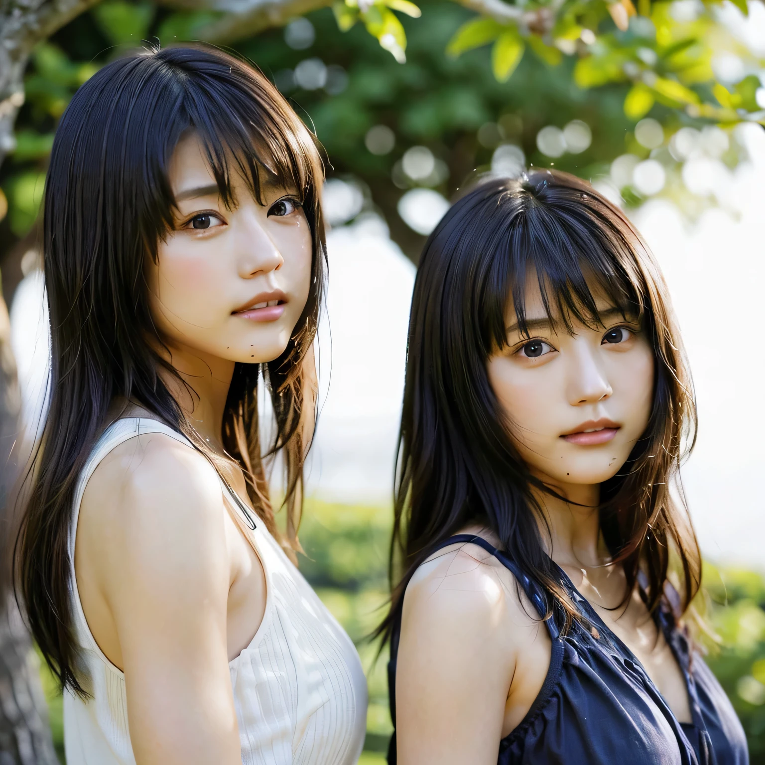identical twin sisters、(highest quality, High resolution, masterpiece, realistic:1.2),(HDR, Bright colors),2 girls, Japanese, not wearing anything, big , slender and slender body, beautiful face, detailed facial features, pose for a photo,outdoor, professional dynamic lighting, (close:1.3, seen from below), detailed expression, natural pose, green background with fog, cool tone, cozy atmosphere, photon mapping