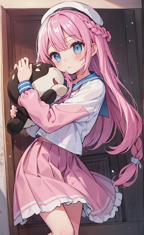 Beautiful illustrations, highest quality, (:1.4)、(pretty girl:1.5)、、、Flat Chest、Sailor collar、(White long tunic)、Long sleeve sailor suit、Blue-line cuffs、(Pink Chino Shorts:1.4)、(Pink shorts with wide openings:1.2)、Gap between thighs and shorts、Thin thighs、White socks、 Cinema Lighting, (Pink Long Hair)、Pink Straight Hair、Redness on the cheeks、(Braiding of the back of the head)