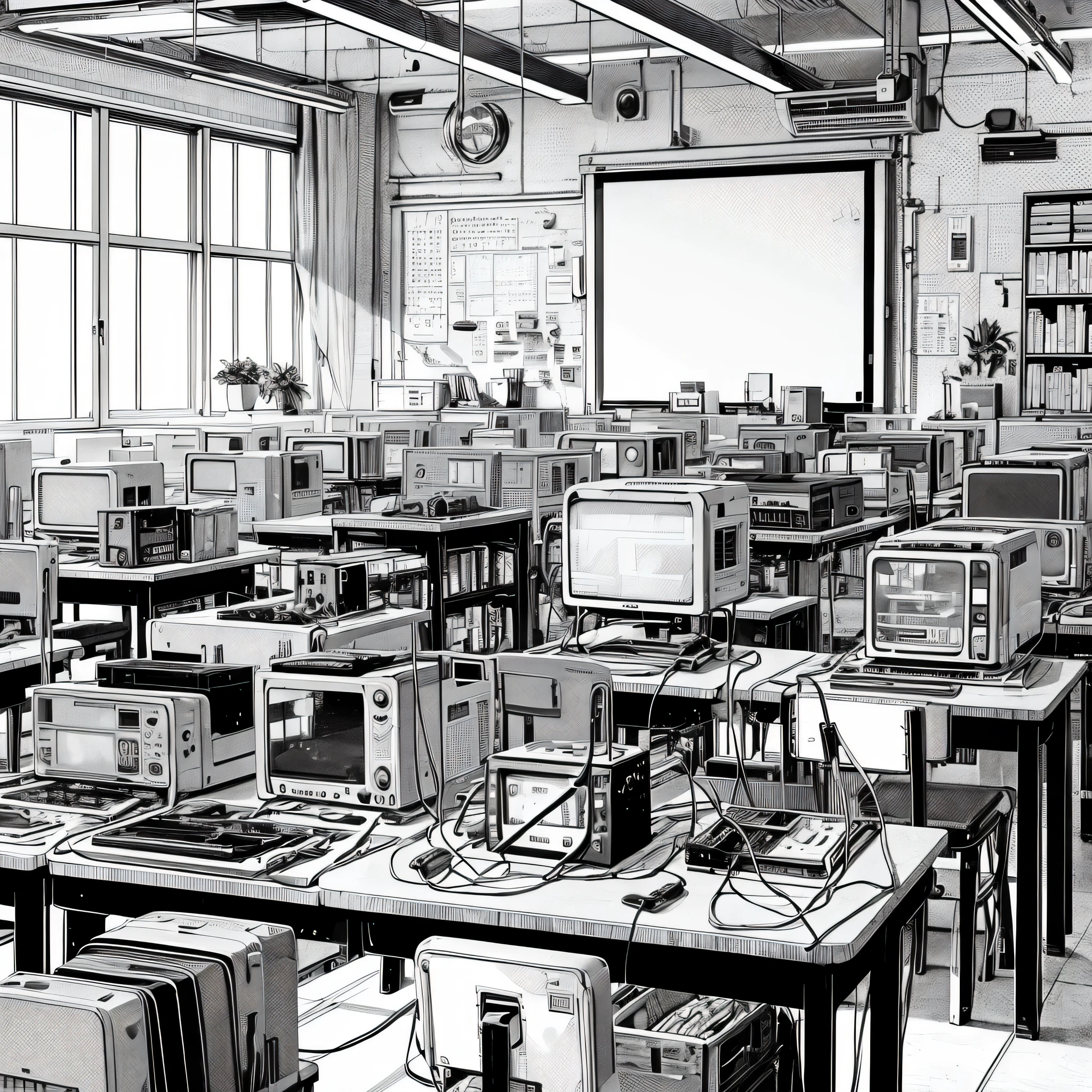Electronics classroom on a school with some Electronics device , manga style black and white 