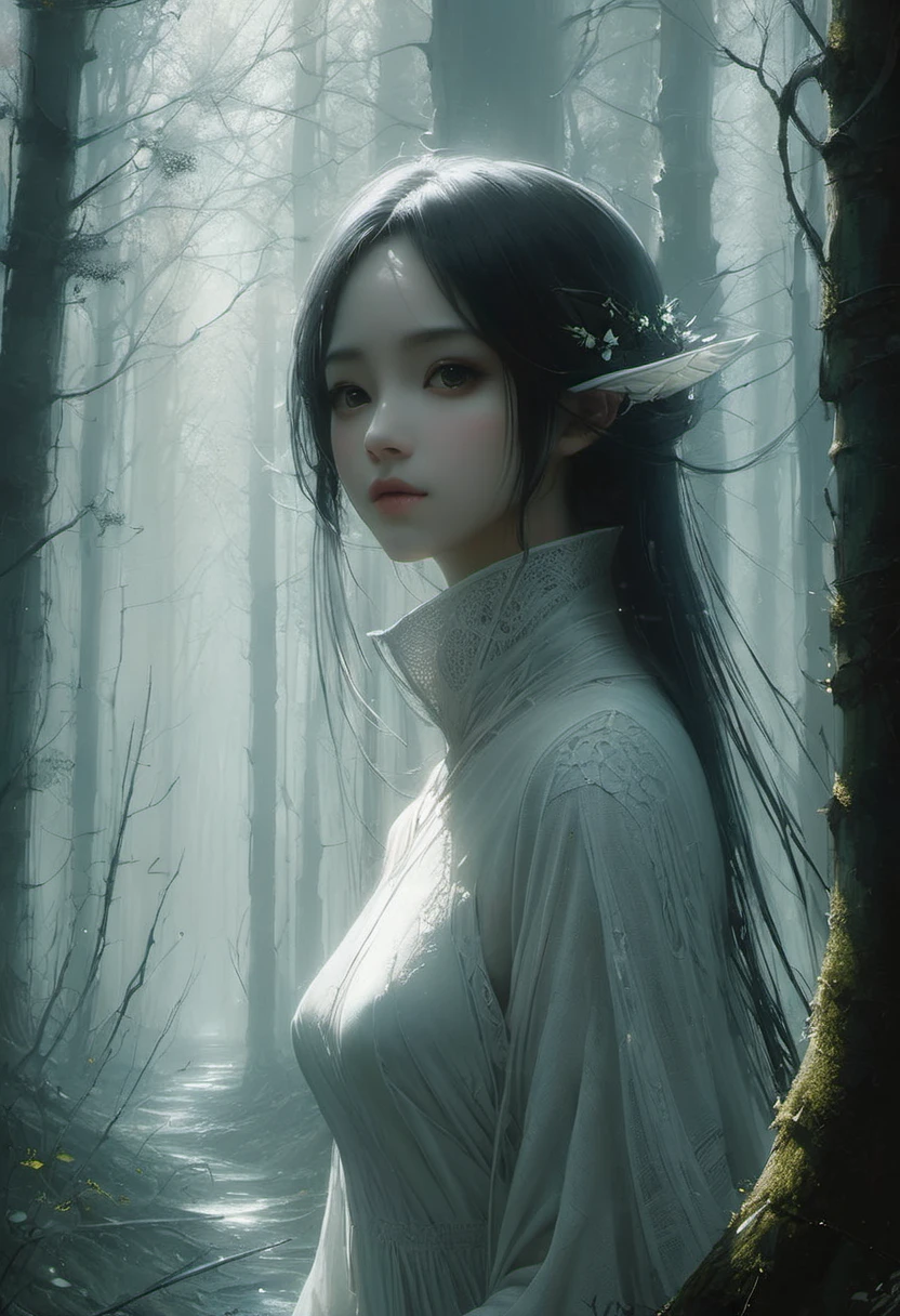 background - rough burlap, relief, oil painting, thin smooth lines, long strokes, light delicate shades, clear contours. stills from the anime Kodama - Mysterious white creatures - kodama "wood spirits" of the forest, similar to people with big eyes. + 36.5 mm f0 cinematic quality, + style by Jeremy Mann, Peter Elson, Alex Maleev, Ryohei Hase, Raphael Sanzio, Pino Daeni, Charlie Bowater, Albert Joseph Penaud, Ray Caesar, H.R. Giger, Gustave Doré, Stephen Gammell, artistic masterpiece portrait, multi-layered sheets, techniques used: sfumato, chiaroscuro, atmospheric perspective.