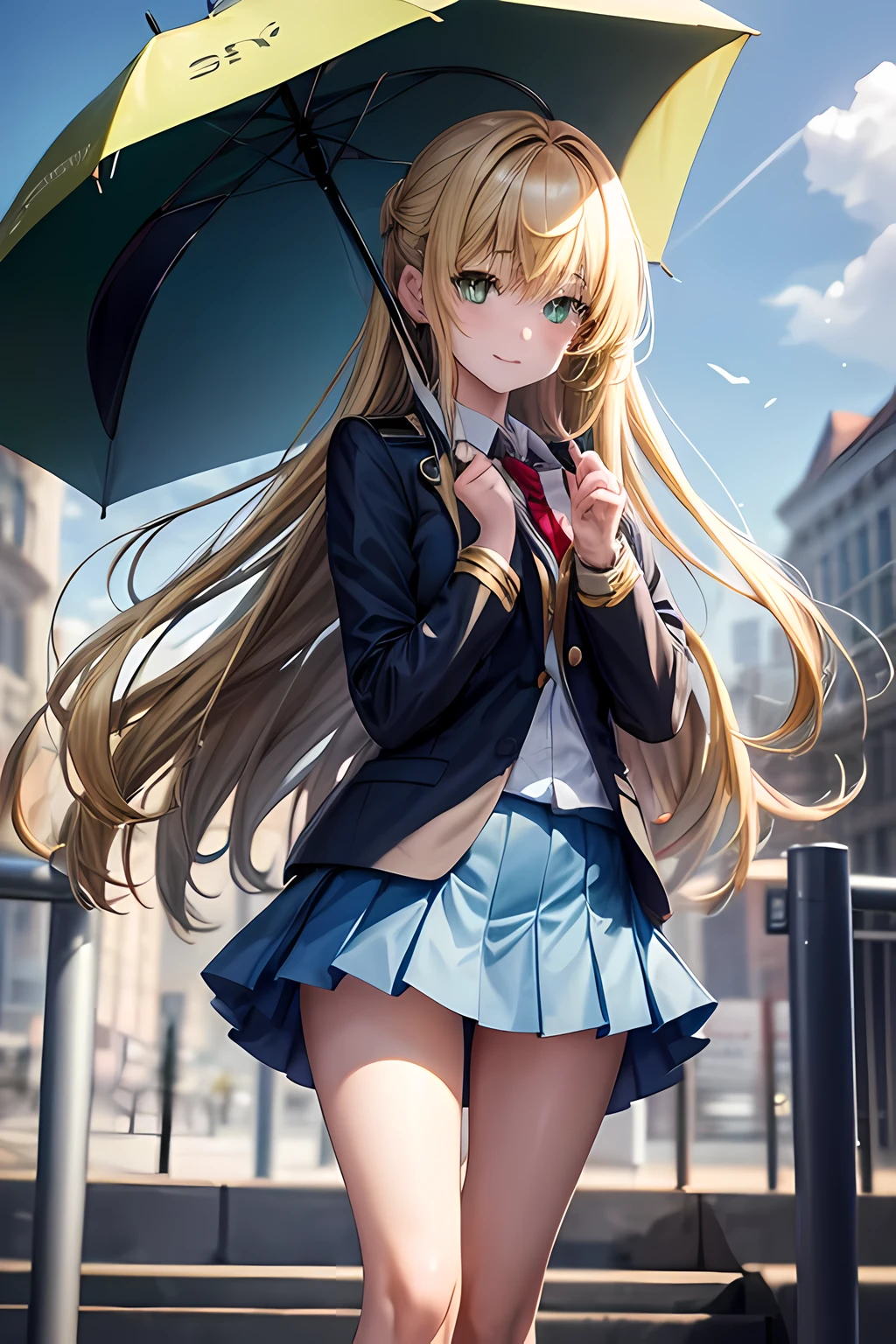1girl, long Layered gold Hair, green eyes, wearing dark blue school jacket, blue short skirt, bring a umbrella, school, absurdres, high res, ultrasharp, 8K, masterpiece, looking at viewer, faint smile