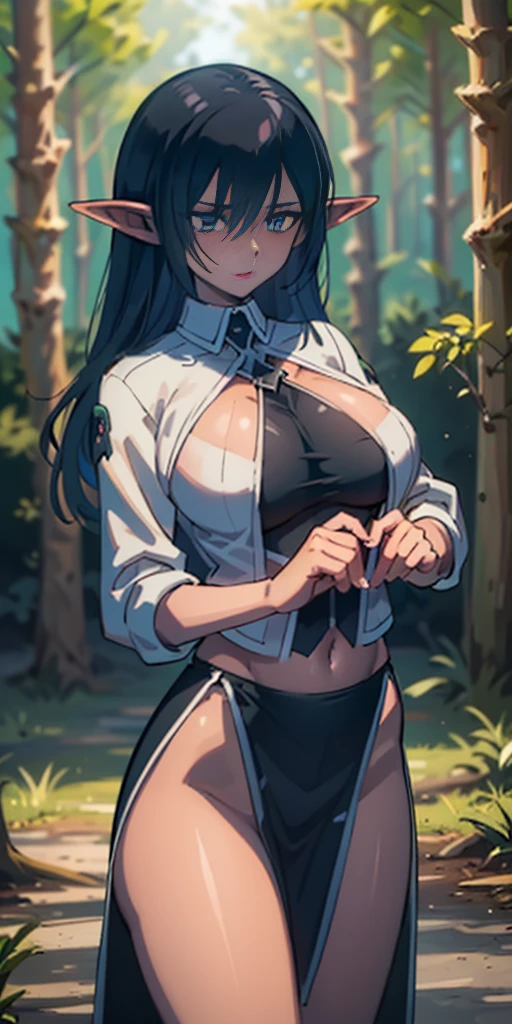 Delve into the heart of the forest with a photo of a captivating game character, a woodland elf with ebony black hair and alabaster skin. She is one with nature, harnessing the power of the ancient trees and mysterious creatures. The photo captures the essence of a nature-loving and mystical character, immersed in a world of ancient spirits and natural wonders. (Heart of the forest with captivating game character), (Ebony black hair and alabaster skin:1.2), (One with nature and harnessing the power of ancient trees), (Nature-loving and mystical character:1.3), inspired by ancient spirits and natural wonders,(((milf)))Mirirya