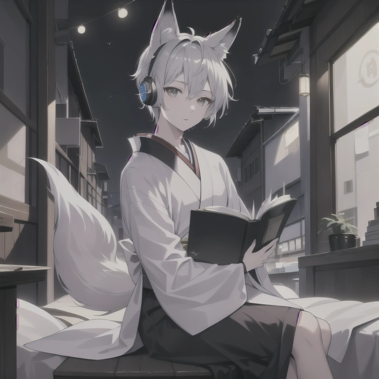 ((best quality)), ((masterpiece)), (detailed), perfect face boy、((best quality)), ((masterpiece)), (detailed), perfect face ((highest quality)), ((masterpiece)), (be familiar with),、morning、Studying in my room listening to the radio with headphones、kimono、Silver Hair、Fox's Tail、Fox Ears、Warm lighting、Reading a book、