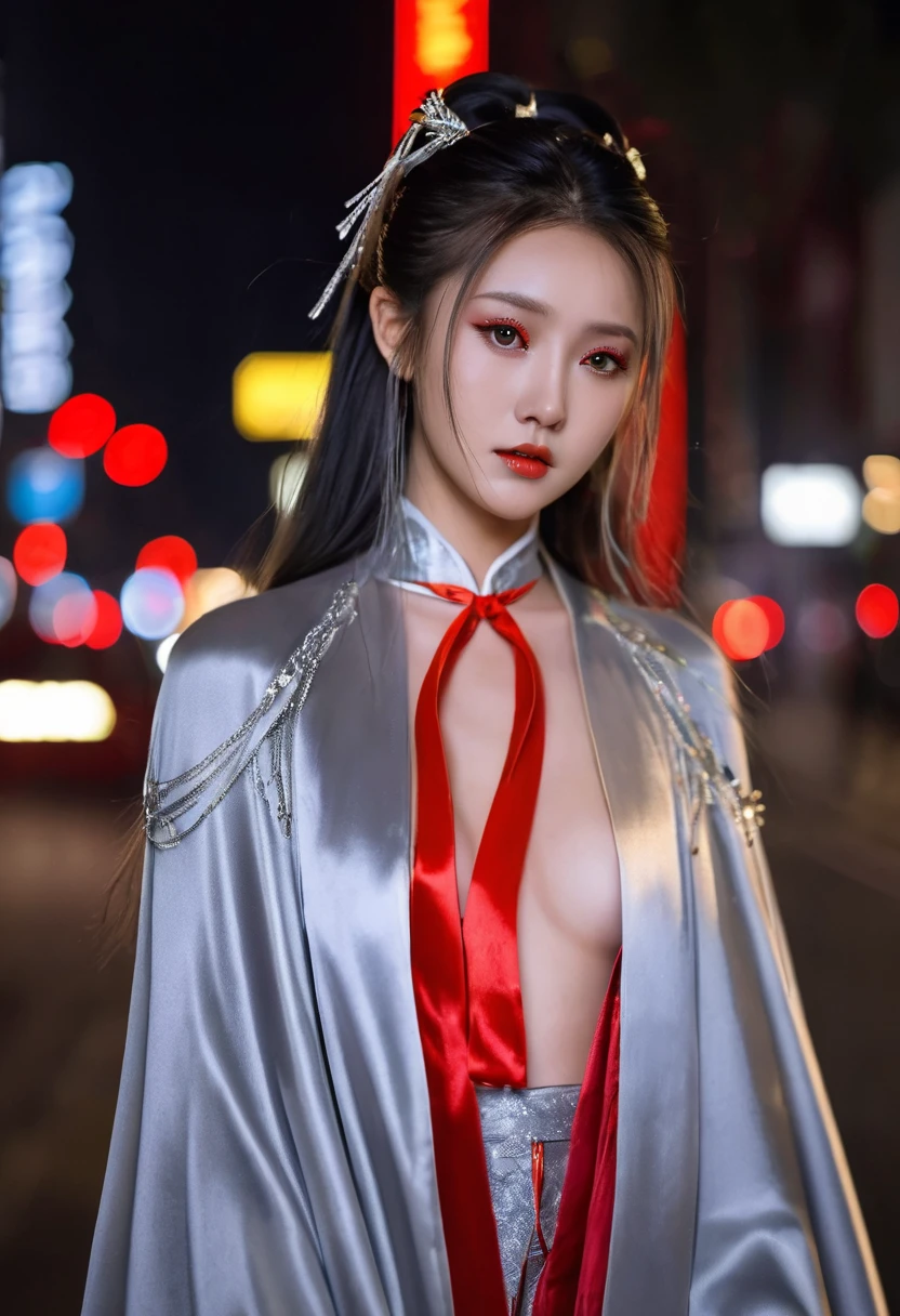 (RAW Photo) , (highly detailed:1.20) , ultra realistic :1.10) ,sexy Chinese girl in her 20s , (perfect face:1.20) , (detailed red eyes:1.20) , with long silver hair in ponytail , (((long silver satin cape tied at the neck with a ribbon :1.20))) , naked  , full body, walking down street at night , high-quality ultra realistic style, detailed eyes, professional, expressive , 8K , highly detailed , professional,