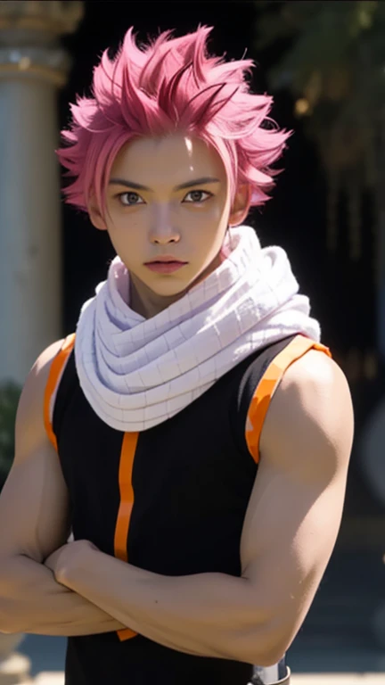 masterpiece, best quality, high quality, 1boy, solo, male focus, looking at viewer, upper body, natsu_dragneel, pink hair