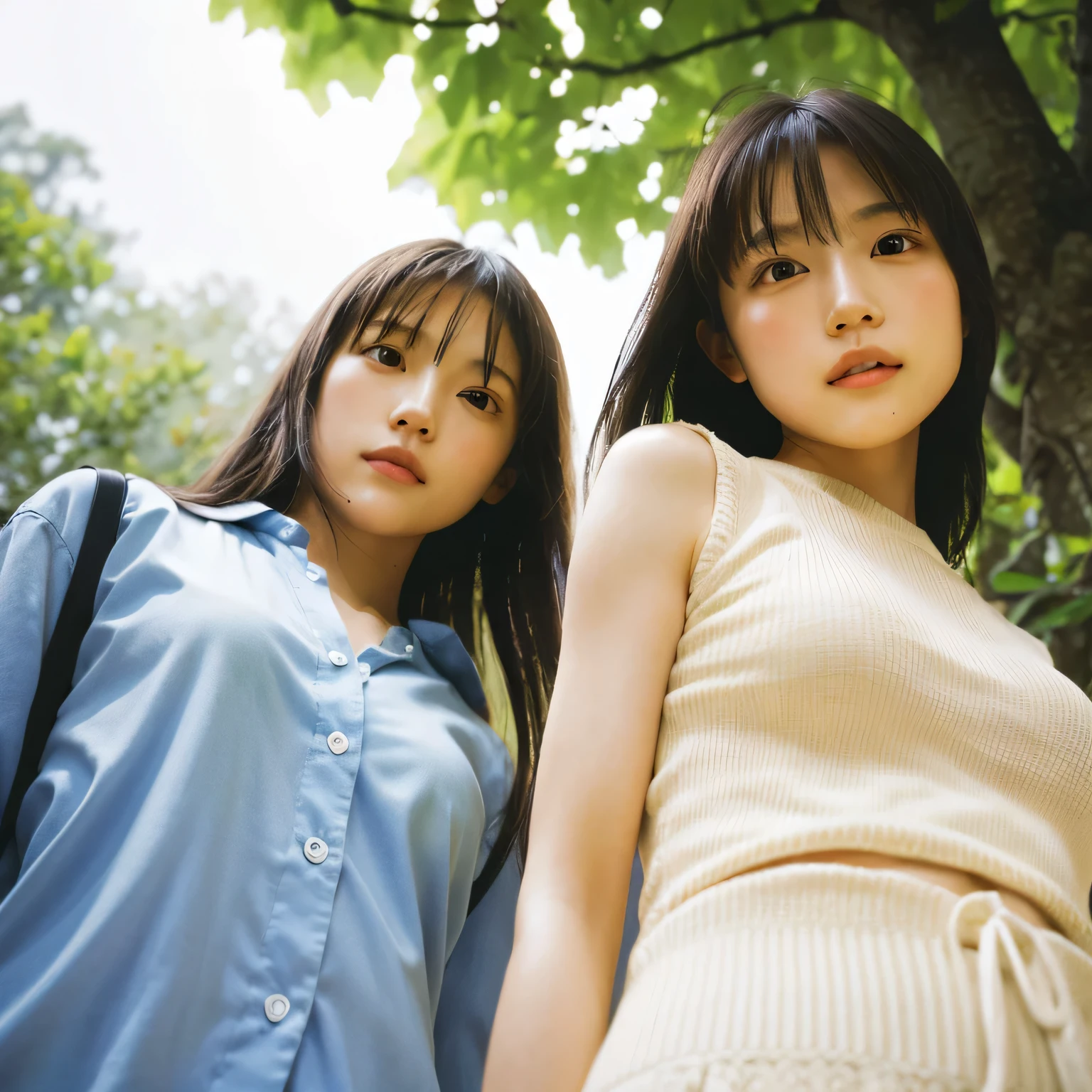 identical twin sisters、(highest quality, High resolution, masterpiece, realistic:1.2),(HDR, Bright colors),2 girls, Japanese, not wearing anything, big , slender and slender body, beautiful face, detailed facial features, pose for a photo,outdoor, professional dynamic lighting, (close:1.3, seen from below), detailed expression, natural pose, green background with fog, cool tone, cozy atmosphere, photon mapping