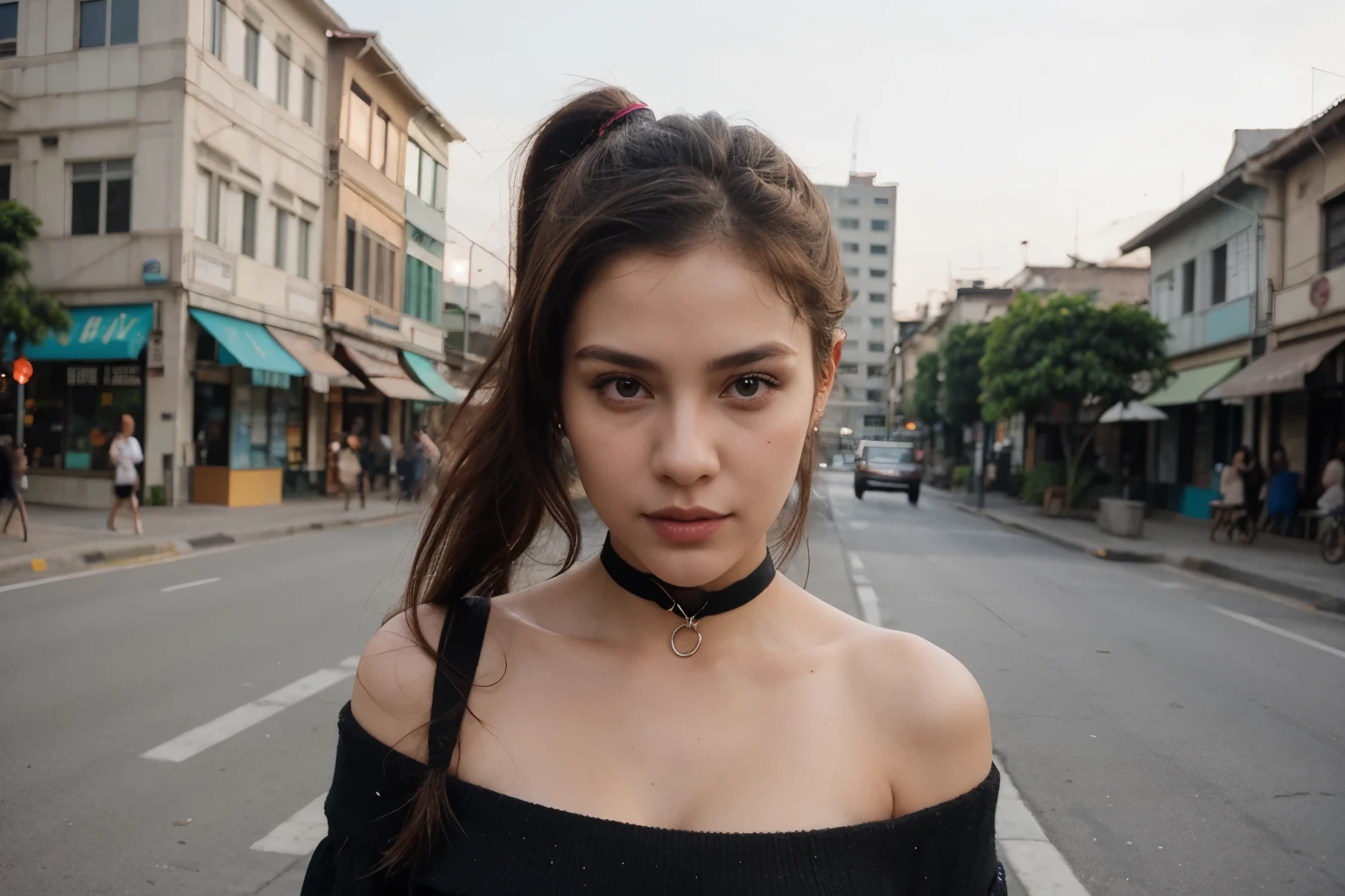 I am a super hot girl, perfect face, hair in a ponytail, black, ocean color eyes, black choker, age 20, solo, sexy, very realistic, off-shoulder, sweater, bare shoulders. background of the old city of Jakarta, Indonesia