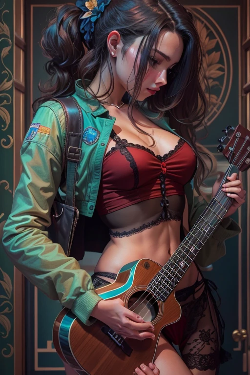 motor irreal:1.4,CG K ultrarrealista, fotorrealista:1.4, textura de la piel:1.4, obra maestra:1.4,posing behind beautiful teenager in doll lingerie、Ropa corta estilo cyberpunk color lila, pantimedias red , Mini falda azul, long brown hair, small breasts, cadera mediana, tocando un ukulele.