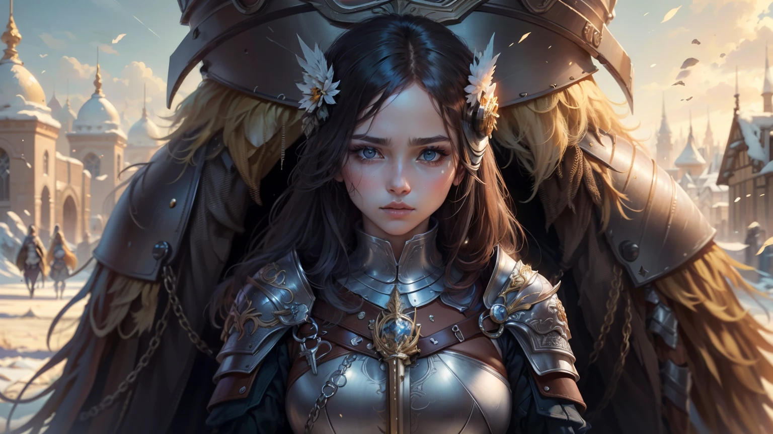 ((Best quality)), ((masterful work)), (very detailed:1.3),nutmeg,armor,in the country, gripped by the devastating effects of war, The fate of a Beautiful woman unfolds. Born in a humble life as a peasant girl in a rural village., She has a spirit, who is burning with determination and resilience... But when the drums of conflict echo across the country, his path takes an unexpected turn. Called by a call to protect her people, she was chosen to join an elite military order, known as the Musketeers... ornamented the legendary armor of the order, It appears as a symbol of hope and strength.. The images in this series depict this wonderful woman's journey, when she takes on her new role and faces the hardships of battle... The details of his armor are carefully designed., reflecting both functionality, and (Beautiful woman: 1.2). The images highlight (complex engravings: 1.2), shine (Polished metal: 1.2) and decorations (ornamented: 1.4) that adorn his protective gear. panache (majestic: 1.2) at the top of the helmet with an elegant watermark on the bib, Every aspect of armor tells a story of honor and heritage.. While the young musketeer goes to the realm of war, She owns her own gun, combining grace and strength.., demonstrating your skills in the art of combat. Each image captures a key moment, Frosty weather, to show determination in your eyes., вихрь действий вокруг нее и эфирное shine магии, intertwined with her blows. But the story goes beyond the battlefield. Images also delve into personal issues., Friendship and sacrifice, that shape his path. They reveal quiet moments of reflection, when she reflects on the burden of her debt and the consequences of war for her soul.. Throughout the series, We are witnessing its growth as, How is he