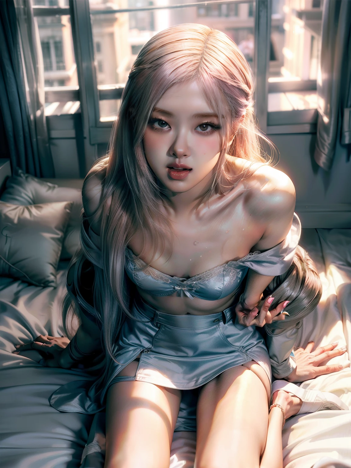 masterpiece, best quality, ultra-detailed, illustration,(1girl),beautiful detailed eyes, FF7, Aerith Gainsborough, looking at viewer, close up, (breast focus), (arms behind back:1.2), (from above:1.1), pink hair, small breasts, (off shoulder:1.1), lace underwear, radiant green eyes, Tulle coat random pantyhose, long pink braided hair, shiny eyes, mini skirt, ultra detail, sexy body, cleavage, clear panties, cameltoe, small breast, round bottom, seductive expression, sexual expression, laying on bed, upskirt, Holding a private, wide open smile, lewd face, sexual expression, surprised face, open mouth, blushing, blushy red cheeks, wet tongue, tongue sticking out, looking up, string of saliva, radiant lightning shining from background center, drool, kneeling on floor, kneeling over man, undressed man, man laying on floor, sitting up tall, arching back, sweaty, hot, running fingers through hair, pleasure face, begging, up skirt, embarrassed, colored lights in the background, collar, leash,