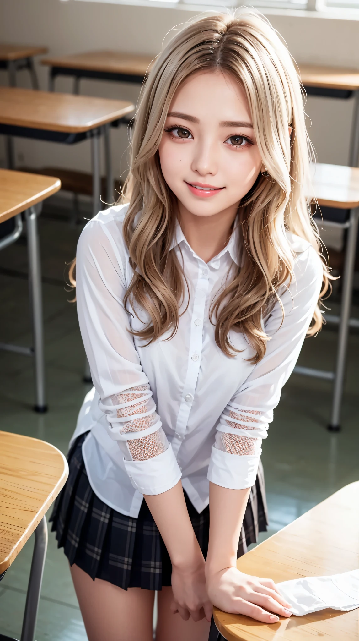 Realistic, masterpiece, highest quality, Highest Resolution, one Japanese high school girl, 16 years old, Upper body photo, She narrows her eyes and looks at me with a shy smile and a smile, Laughing with mouth open, Beautiful and detailed eye drawing, (droopy eyes:1.3), Dark Eyes, Thin eyebrows, Carefully draw eyelashes, A little tooth is visible, Gal Makeup,  (White brown wavy hair with white mesh, long hair, middle part:1.3), (hidden creased eyelids:1.3), He is wearing a neat white button-up shirt., She is wearing a short pleated skirt with a gray plaid pattern, A was photographed from diagonally above, School classroom, (stand up:1.3)