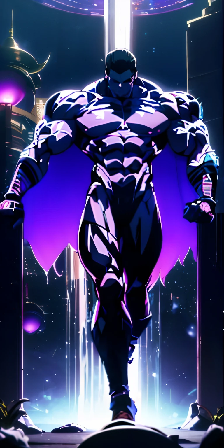 I want you to create a God with all black cosmic Galaxy skin walking through a dark Temple with dreamlike fog. He is wearing a black cape. (Male), strong jawline, 10 pack abs, (black cosmic colored skin), (masculine body type).huge muscles, exaggerated muscles, mature man, muscle swelling, bodybuilding, chest muscles, abdominal muscles, 