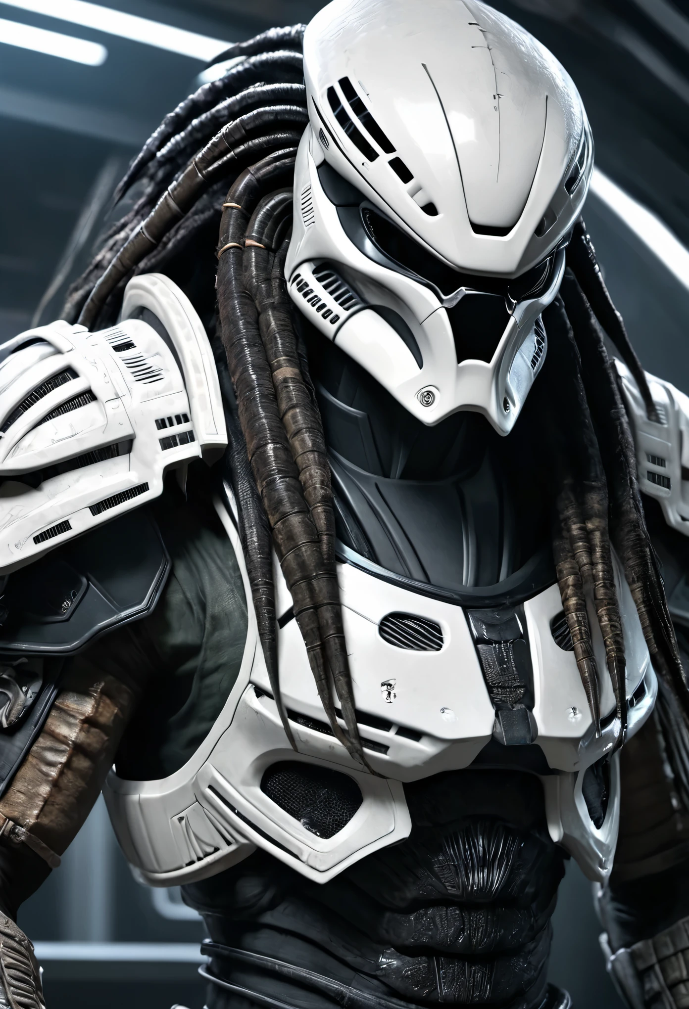 alien predator wearing stormtrooper armor clothing, solo, male, sharp teeth, upper body, looking at viewer, photorealistic, 8k, unreal engine, inspired by HR Giger, half body portrait, highly detailed,