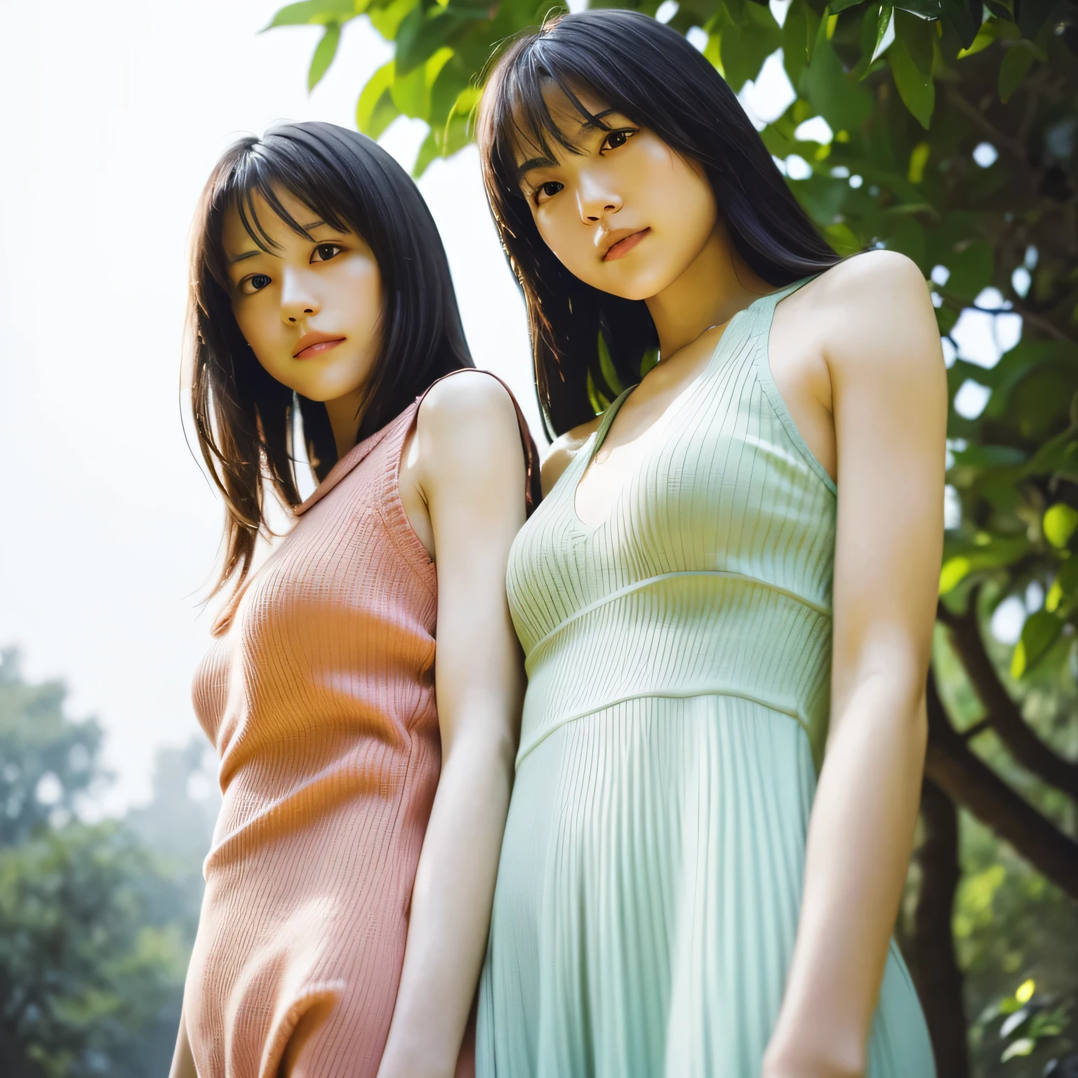 identical twin sisters、(highest quality, High resolution, masterpiece, realistic:1.2),(HDR, Bright colors),2 girls, Japanese, not wearing anything, big , slender and slender body, beautiful face, detailed facial features, pose for a photo,outdoor, professional dynamic lighting, (close:1.3, seen from below), detailed expression, natural pose, green background with fog, cool tone, cozy atmosphere, photon mapping