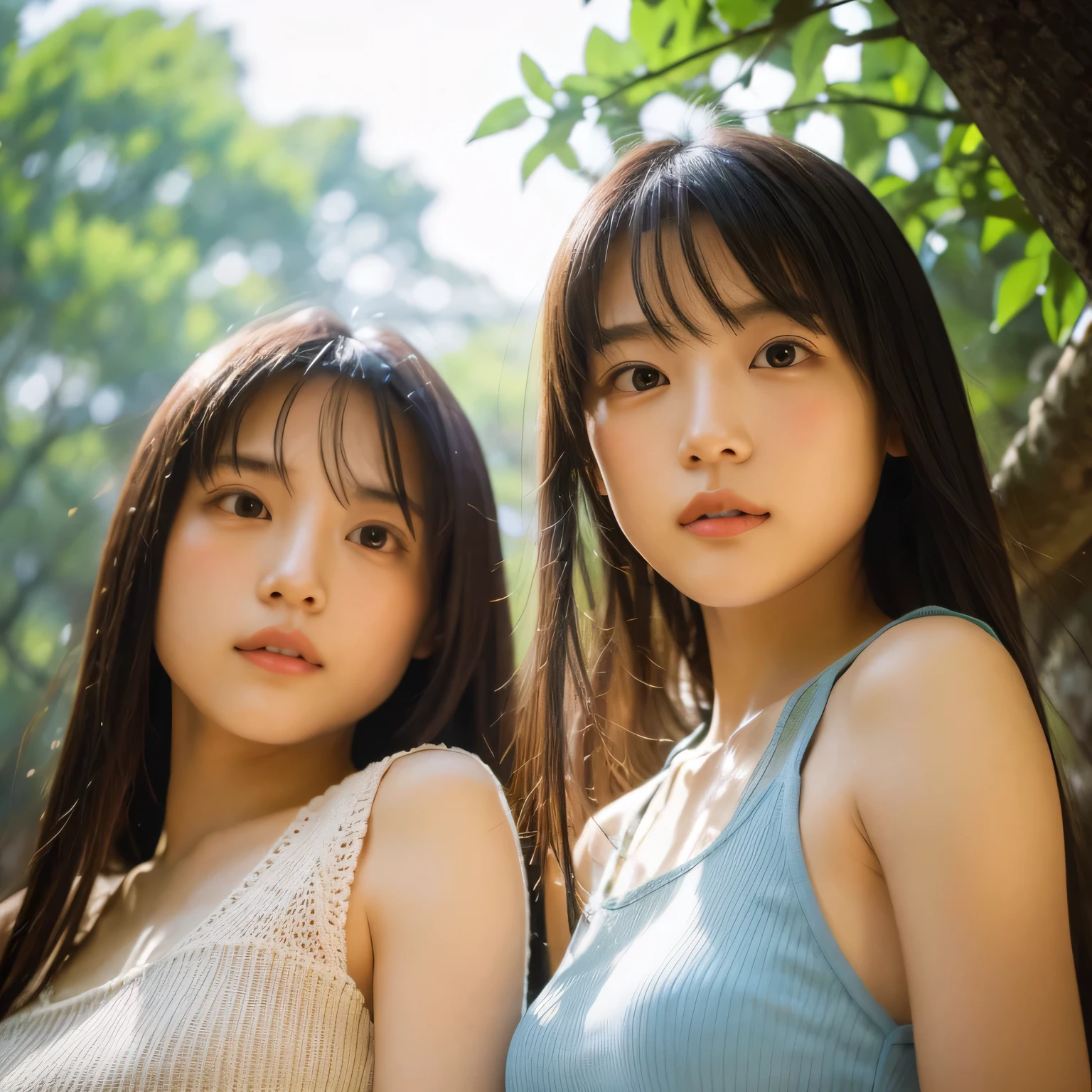 identical twin sisters、(highest quality, High resolution, masterpiece, realistic:1.2),(HDR, Bright colors),2 girls, Japanese, not wearing anything, big , slender and slender body, beautiful face, detailed facial features, pose for a photo,outdoor, professional dynamic lighting, (close:1.3, seen from below), detailed expression, natural pose, green background with fog, cool tone, cozy atmosphere, photon mapping