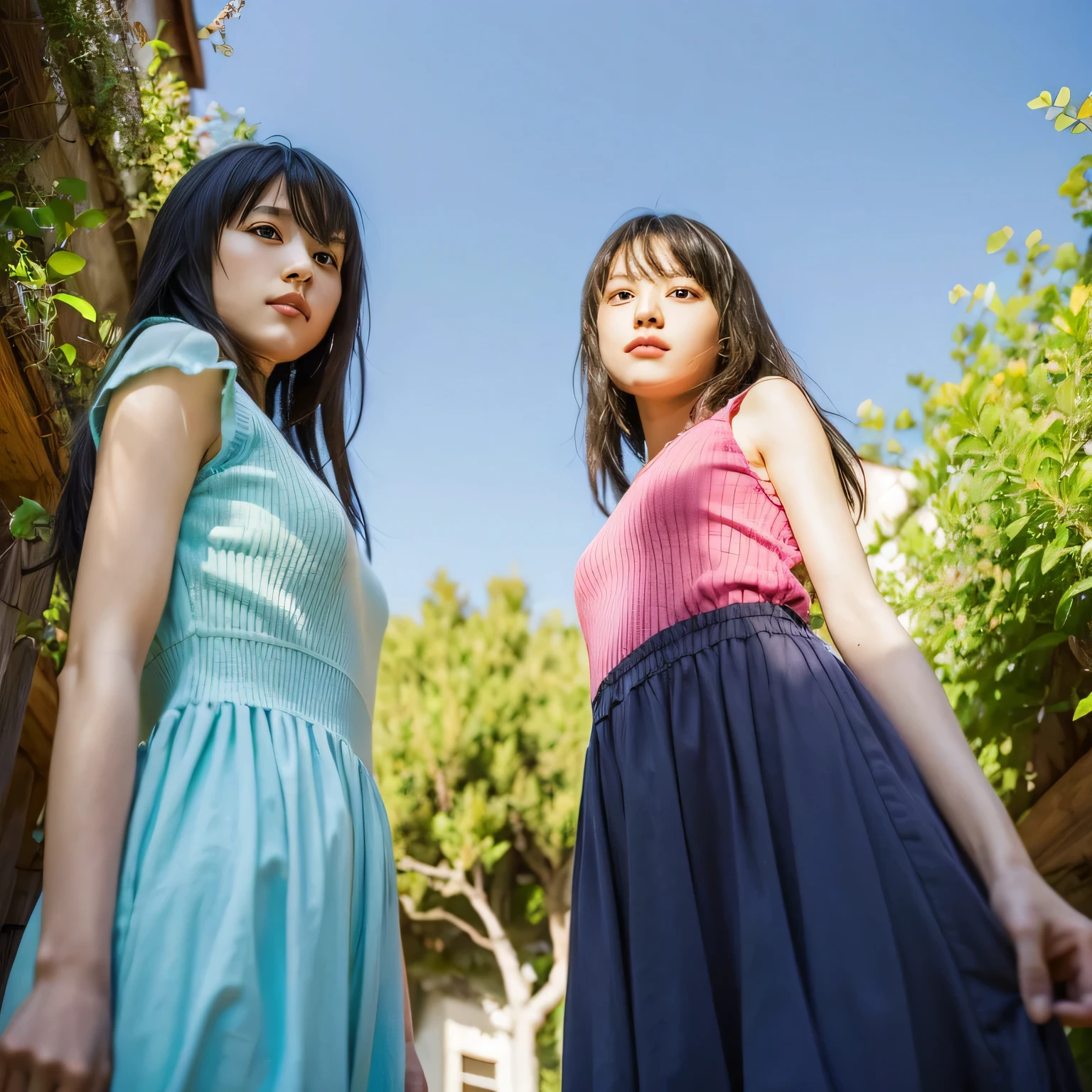 identical twin sisters、(highest quality, High resolution, masterpiece, realistic:1.2),(HDR, Bright colors),2 girls, Japanese, not wearing anything, big , slender and slender body, beautiful face, detailed facial features, pose for a photo,outdoor, professional dynamic lighting, (close:1.3, seen from below), detailed expression, natural pose, green background with fog, cool tone, cozy atmosphere, photon mapping