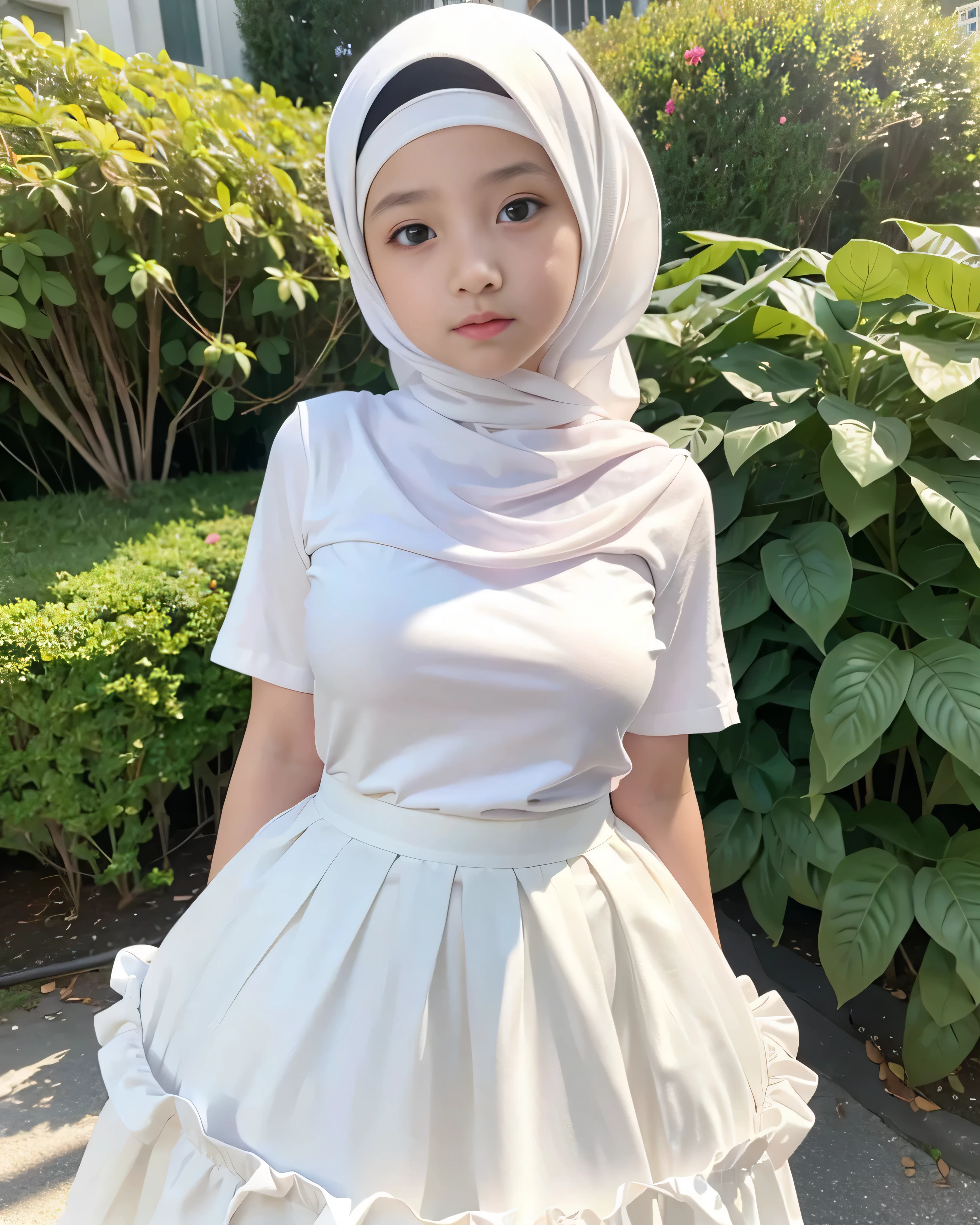 adorable, 1 girl, 10 years old, baby face, shy, full body portrait, (face details: 1), (eye details: 1), ((medium breasts)). wearing white long shirt, long skirt, modern hijab colorful, (large breasts)... Cute posed. proportional body. Ultra High res.photorealistic:.1.4,UHD