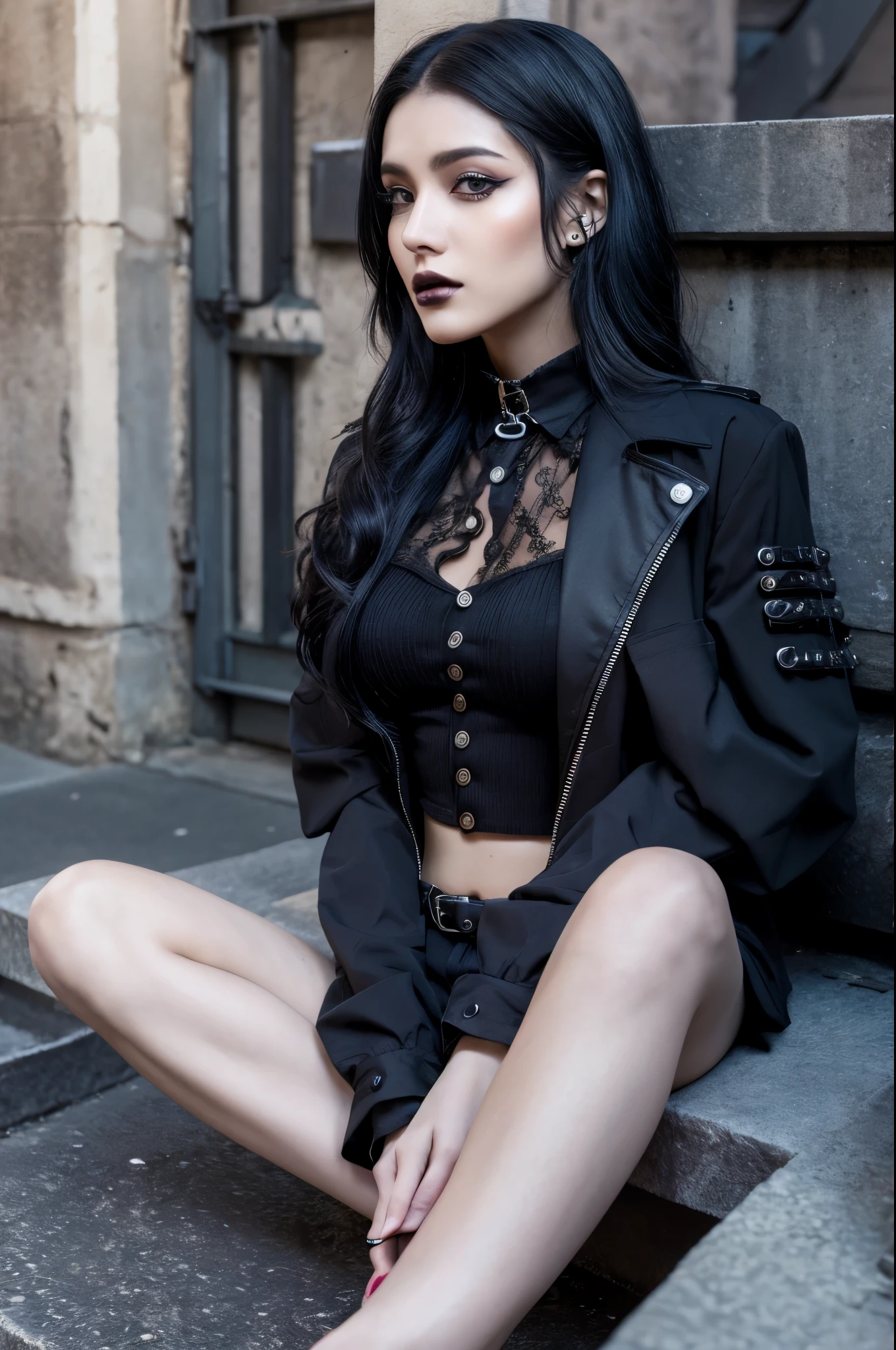 Ultra-realistic capture, Highly detailed, High resolution 16k close-up of human skin. Skin texture must be natural, With such detail that pores can be finely identified. Skin should look healthy, In a uniform tone. Use natural light and color, goth punk clothes, goth girl aesthetic, goth aesthetic, dip-dye hair, rooftop, Spread legs, , Full Body Shot, Gothic Natural makeup