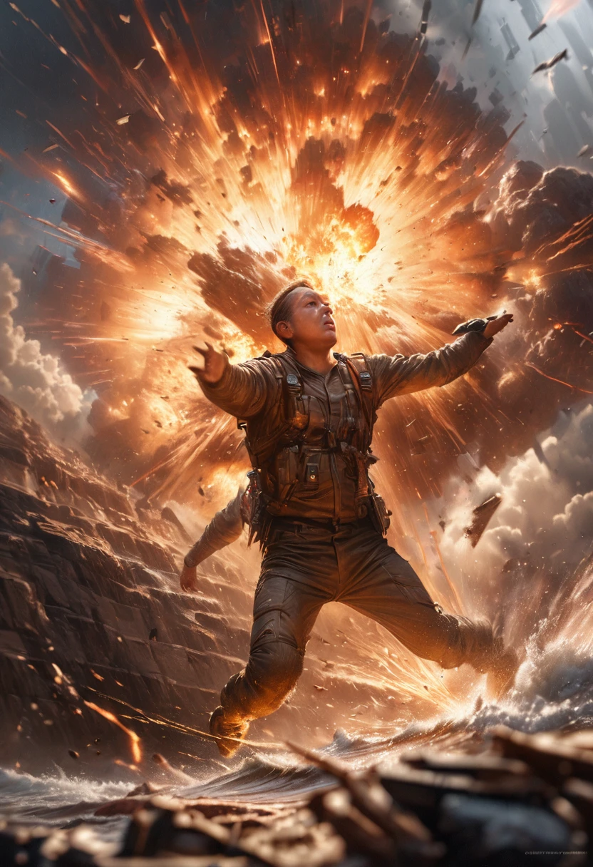 (realistic digital painting),(best quality,4k,8k,highres,masterpiece:1.2),ultra-detailed,(realistic,photorealistic,photo-realistic:1.37),huge explosion,motion blur:1.5,motion-blurred captured image,long exposure time,electromagnetic pulse,shattered debris,waves of energy,shockwave spreading,frozen in time,high-speed movement,glowing sparks,flying fragments,scattered particles,colliding forces,chaotic energy,powerful destructive force,dynamic composition,vibrant colors,dramatic lighting,suspended in mid-air,sense of movement,action-packed scene,dramatic aftermath,digital brush strokes,explosive energy,epic sci-fi masterpiece,stunning visual impact,immersive explosion sequence,awe-inspiring imagery
