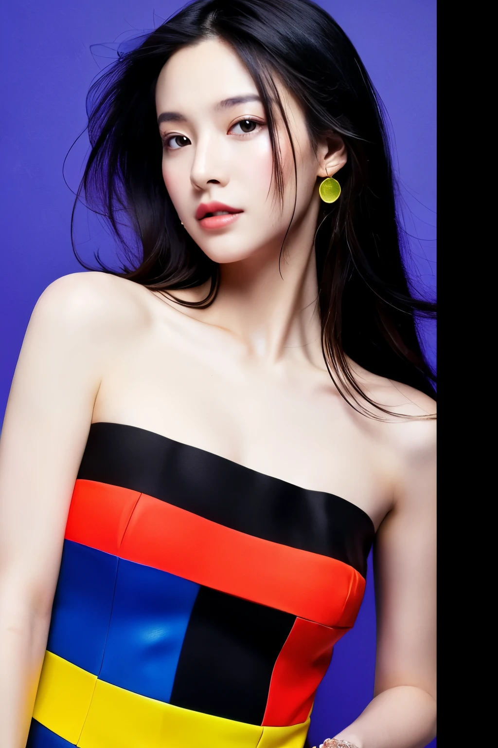 ((highest quality)), ((masterpiece)), (be familiar with), Perfect Face、Cool beauty、Long Black Hair、Primary color dress、flashy、