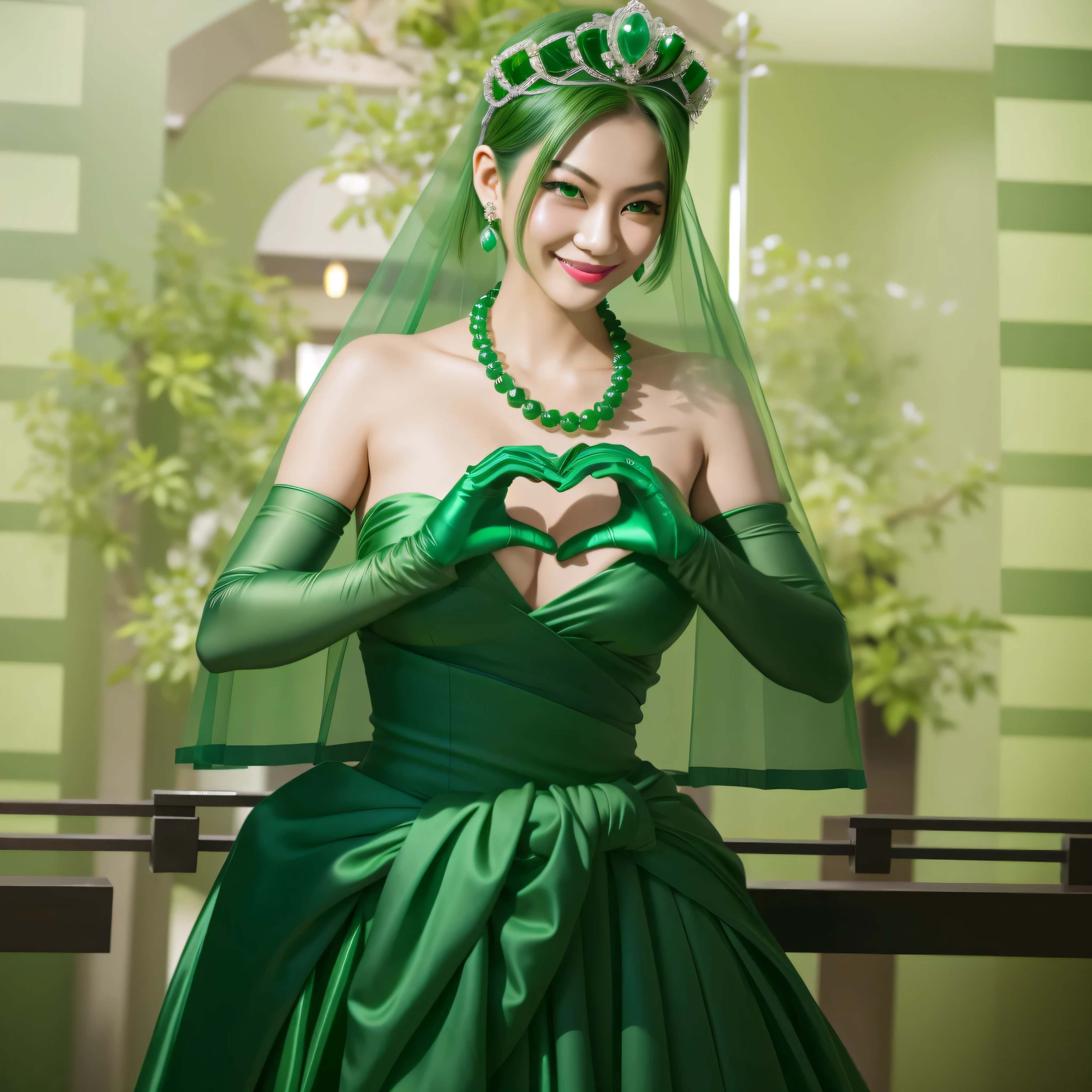 Emerald tiara, Green Pearl Necklace, boyish very short Green Hair, Green Lips, Smiling Japanese woman, Very short hair, Busty beautiful lady, Green Eyes, Green satin gloves, Green Eyes, emerald earrings, Green veil, heart with both hands, Green Hair, Beautiful Japanese Women, Heart shaped hands:1.3, green lip gloss