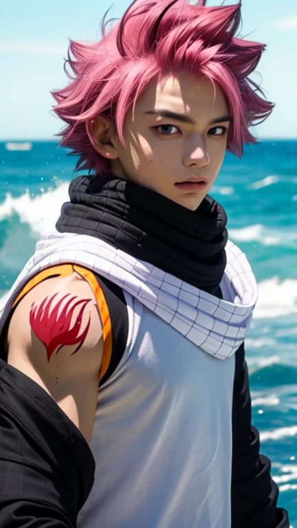 masterpiece, best quality, high quality, 1boy, solo, male focus, looking at viewer, upper body, natsu_dragneel, pink hair, hyper detail, sea background