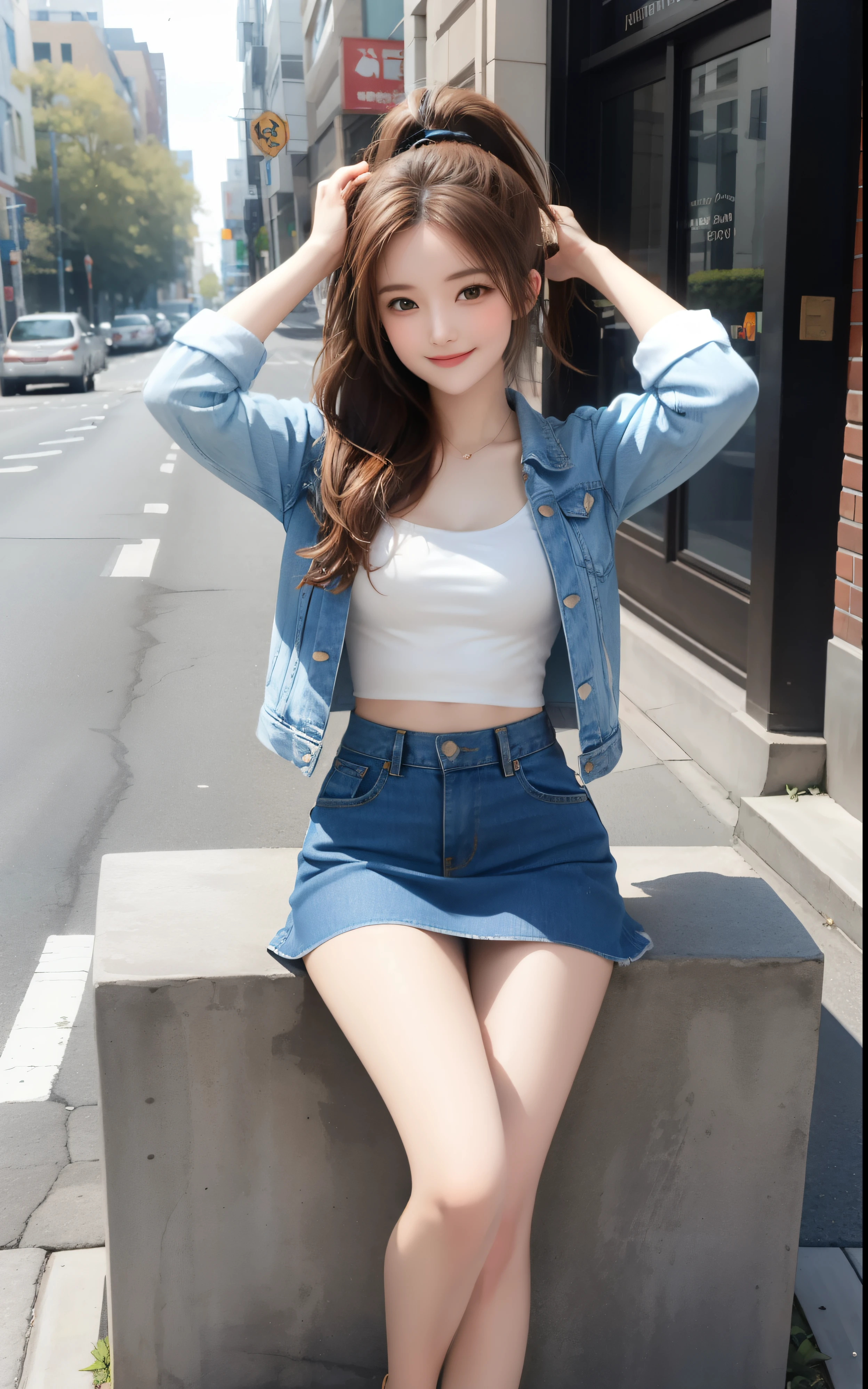 Top quality, 1 beautiful woman, long Hair, brown hair, wearing Camisole & skirt, shy-smile, Sunlight, at street, shiny hair, High Ponytail, Brown Hair, Bra Top, Denim Jacket, Skort, (Half Smile: 1.2), Full Body Shot, Arched Back, Sitting, Arms Up, Street,