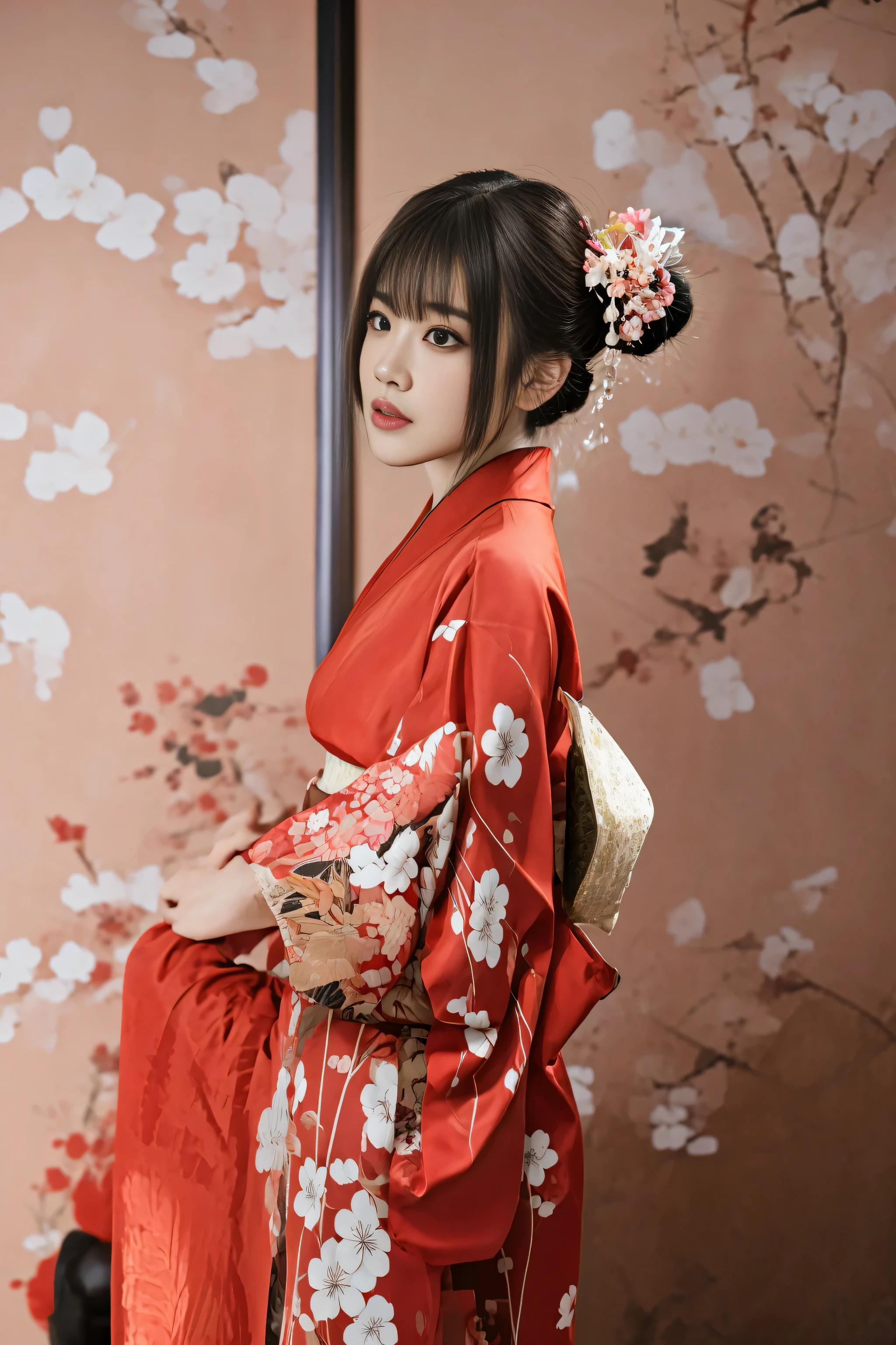 there is a woman in a red kimono standing in front of a wall, red kimono, japanese kimono, wearing kimono, red kimono with flower patterns, wearing a kimono, traditional japanese, japaneese style, in kimono, kimono, wearing royal kimono, wearing a red cheongsam, japanese woman, elegant japanese woman, traditional geisha clothing, geisha photo portrait