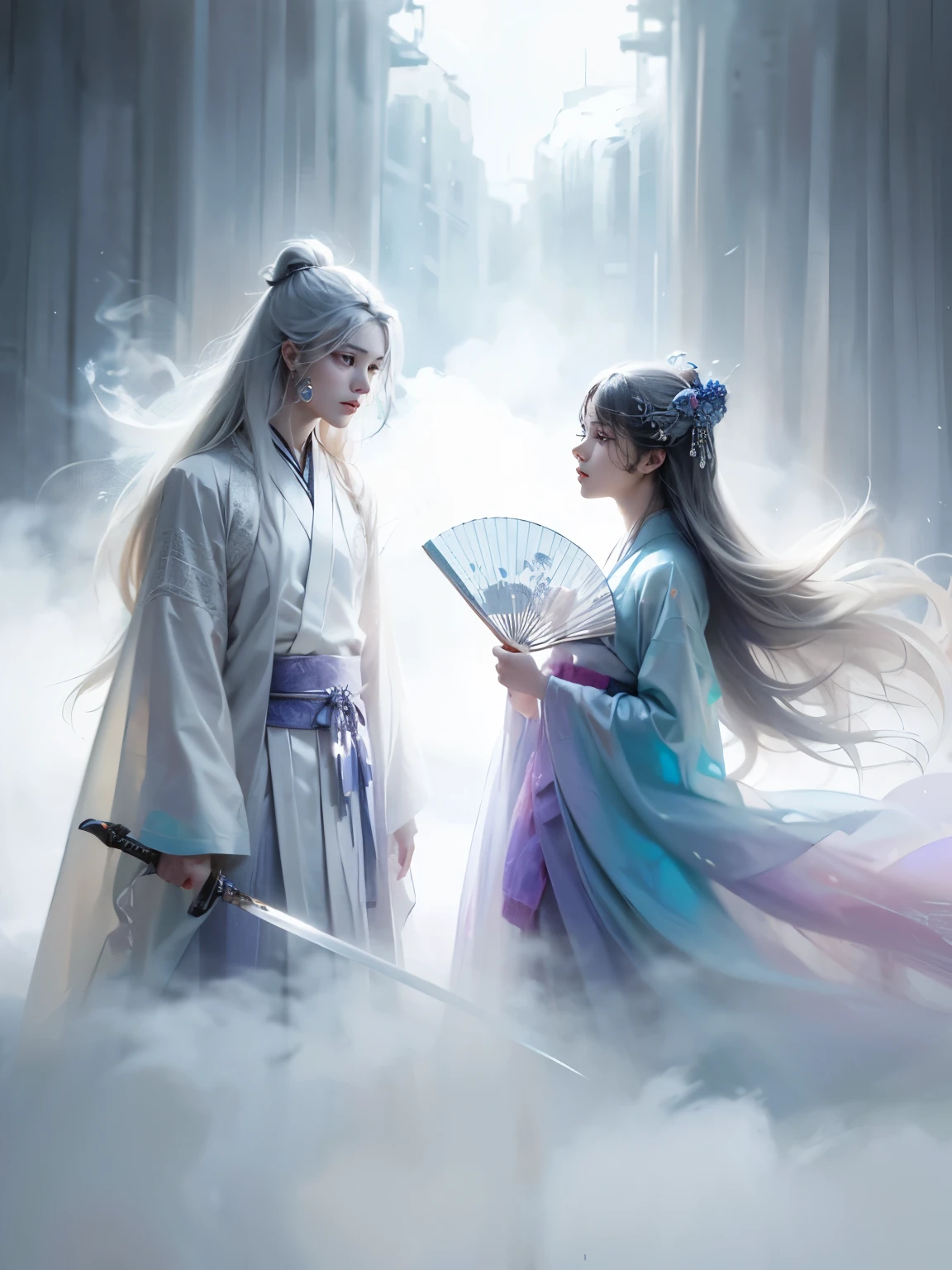 an Asian young man with a Japanese face, long white, slightly silver hair, wearing a beautiful hanfu in shades of white, blue and purple. Carrying a silver sword and a beautiful fan in hand. Standing on the clouds looking towards a beautiful innocent girl. The effects of the wind and smoke made their clothes flutter high