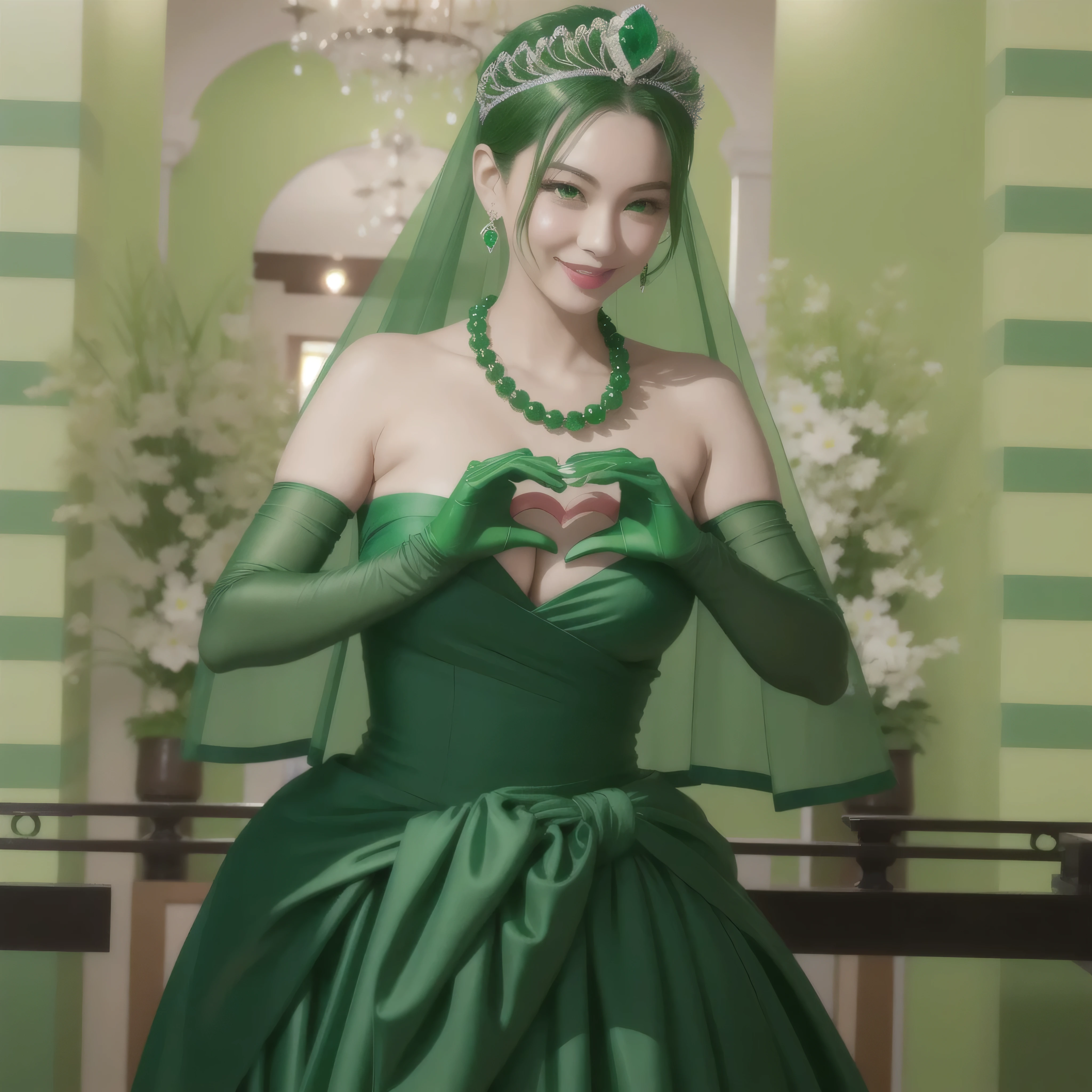 Emerald Tiara, Green Pearl Necklace, boyish very short Green Hair, Green Lips, Smiling Japanese woman, Very short hair, Beautiful woman with big breasts, Green Eyes, Green satin gloves, Green Eyes, Emerald Earrings, Green Vale, Heart with both hands, Green Hair, Beautiful Japanese Women, Heart shaped hands:1.3, green lip gloss