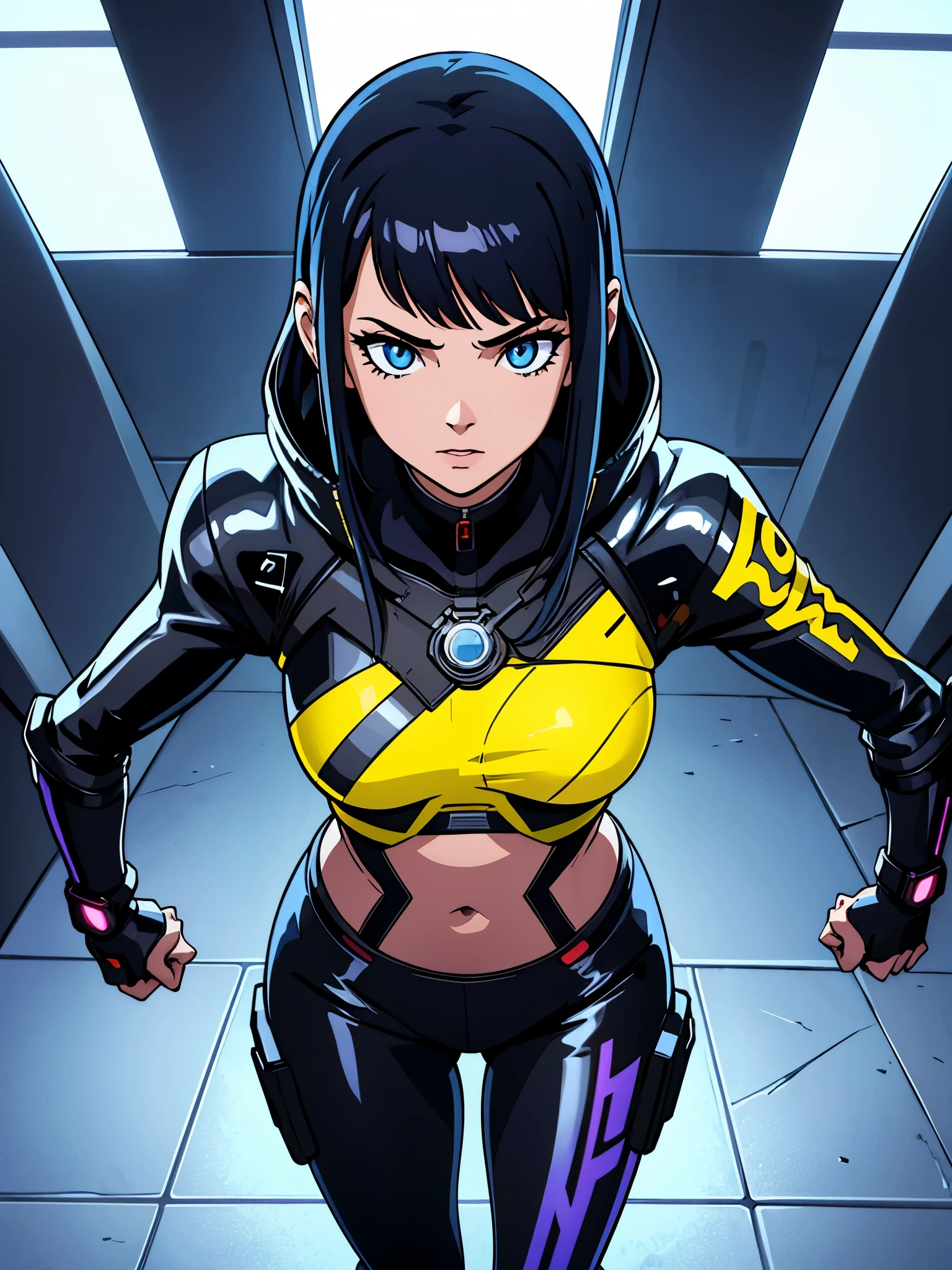 digital art drawing, illustration of (girl with metallic arms, transparent jacket, cyberpunk 2077), anime drawing/art, bold linework, illustration, digital art, masterpiece, flat illustration, no shadows, black and white, 8k resolution, high detail, vector art, only anime