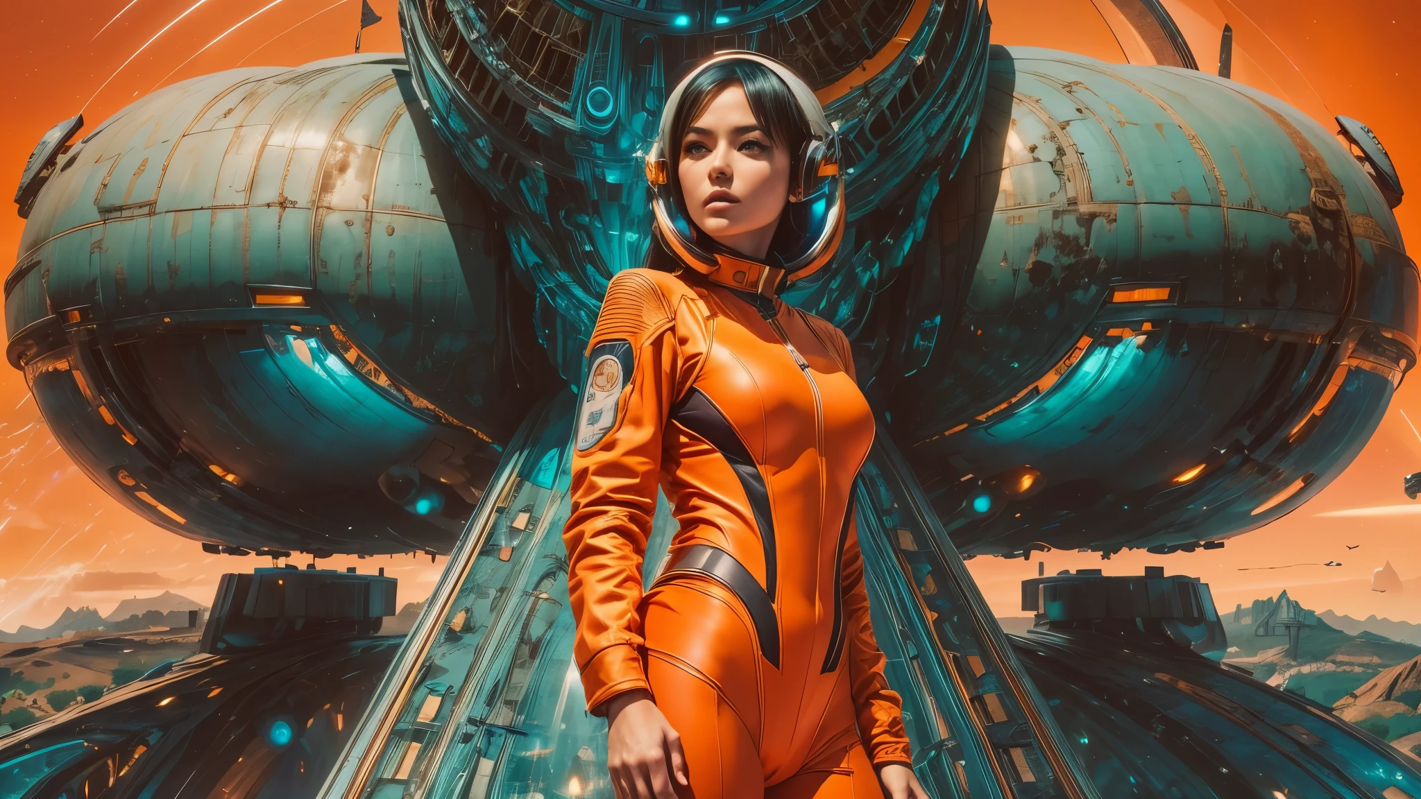 arafed image of a woman in a futuristic suit with a spaceship in the background, movie art, in front of an orange background, inspired by Robert McGinnis, female protagonist, megastructure in the background, portrait of an ai astronaut, astronauts, an astronaut, portrait of a astronaut skeletor, perfect android girl, detailed eyes, frank franzzeta and sakimichan