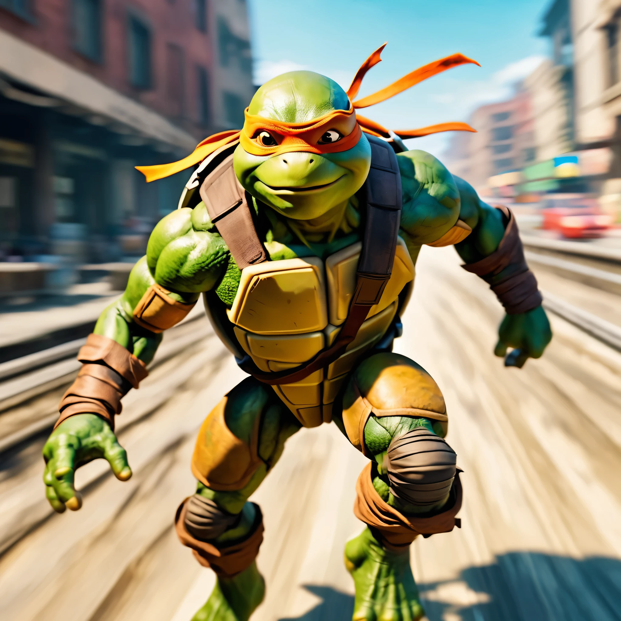 ((Motion Blur:1.5)), Dynamic and thrilling action scene, ((Blurred Trails:1.5)), Fast-paced movements, ((Speed and Action:1.3)), ((Sense of Movement:1.5)), ((Realistic Depiction of Motion:1.3)), Teenage mutant ninja turtle, Michelangelo, Mikey, fit body, perfect body, abs,
