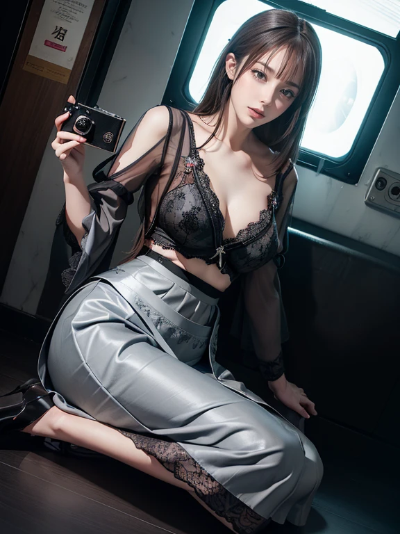 非常にdetailed, thorough solution, 非常にdetailedな美しい女の子, 非常にdetailed face, (Very beautiful eyes:1.8), the nose has the correct shape., expressive lips, (Movie Scenes,Fantasy art,最high quality,high quality,High resolution,high qualityの質感,Attention to detail,Beautiful details,detailed,非常にdetailedなCG,detailedテクスチャー,Realistic facial expressions), Tokyo Metro、subway、in the train、水平Sheet、Sheet、Please sit down、View from above、非常にdetailedな肌,curve,(Covered nipples:0.8),Beautiful breasts,Small breasts,Pale skin,Pointed Chest,Erect nipples,(very thin hair),(Very soft hair),(Straight Short Hair),Very light coppery amber hair,very thin body,Smart abs,(gray long skirt:1.5), Open chest, Center of chest, Shiny , ((See through、Black lace blouse :1.3)) 、((full body shot)), (Camera angle from the ground:1.8)、((1 pair of GGX heels:1.2))