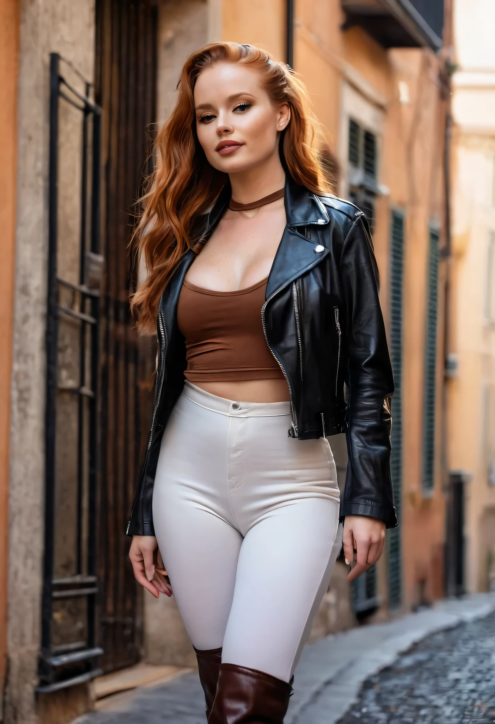 Madelaine Petsch, full body shot, leaning on the wall, on a street of center Rome, wearing brown halter neck dress, black lether biker jacket, wearing high-heel shoes, surrounded by houses, Rome, long wavy redhair, toned, portrait sophie mudd, ballet style pose, white leggings, athletic fashion photography, working out, full body shot, full body (picture taken from far) Regarder le spectateur (Tout de suite, messy, with hair tied back, evening lights, Epic Milf Character Composition, full body shot, detailed environment, facing viewer, sourire, seductive smile, bouche ouverte, langue, Langue sortie, gouttes de liquide sur le visage, peau, poitrine (8k, Photo brute, Highest quality),(epic realistic:1.5), posture dynamique, erotic face (detailled eyes:0.8), (Highest quality), (meilleure ombre),Intricate details,cinematic,((peau:1.4)),interior (Hdr:1.5),Detailed, (glowing lighting: 0.7), Masterpiece, Photo RAW portrait en pied, Des yeux captivants, Bright details, Tight lips, (High Skin Detail), (teinte: 0.25), (vente: 0.66), Key lighting, (backlight: 0.4), Profondeur de champ moyenne, Canon 5d, Objectif 50mm, f/4 ouvertures, (Ultra-detailed, Complex detail), mise au point nette, 4K, Absurde, Grain de film 8mm, flirting with camera, model body, big breasts, C-cup breats, smiling, looking directly at camera, natural lights, detailed environment