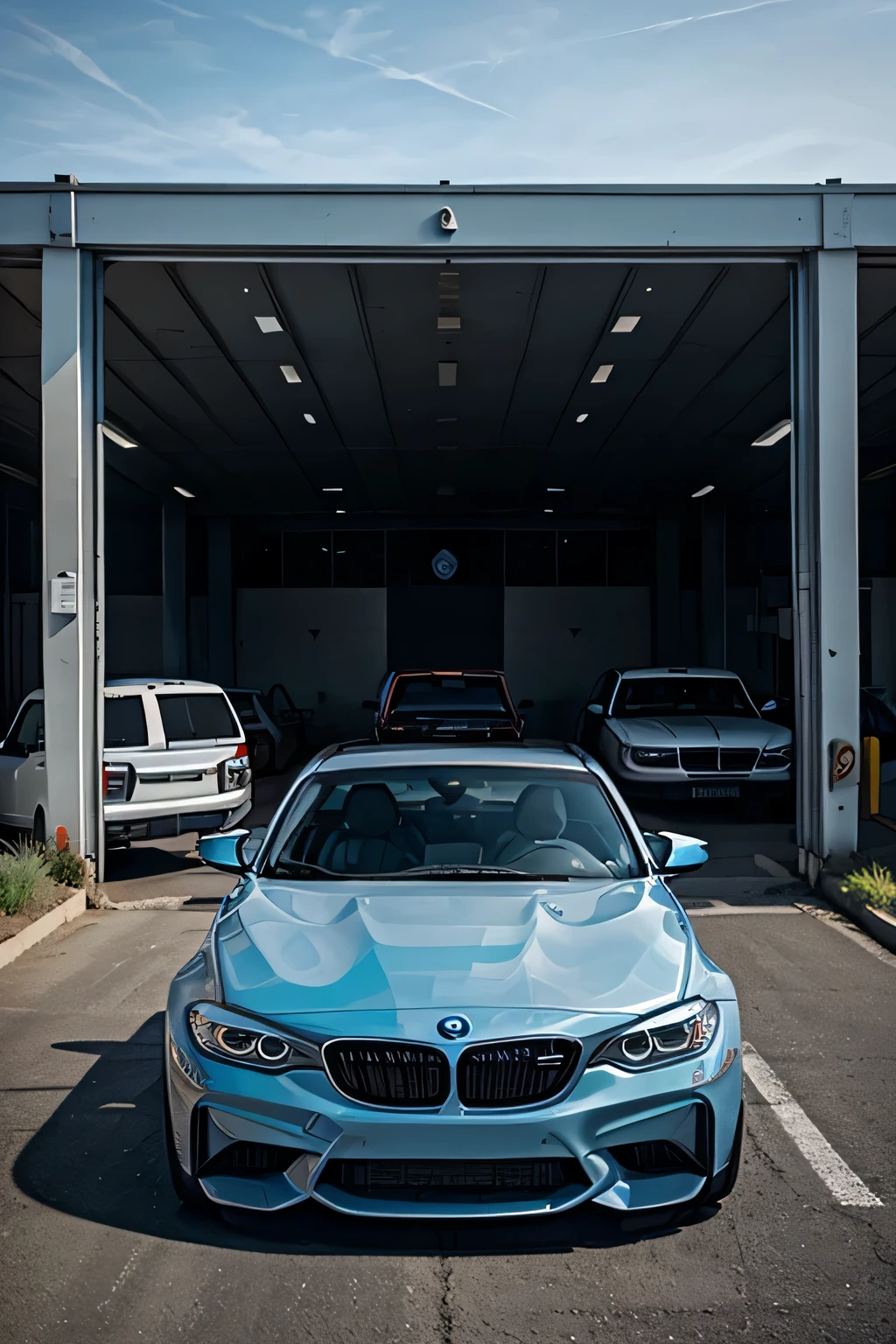 there is a blue car parked in a parking lot next to a white truck, a picture by Amir Zand, featured on reddit, hyperrealism, taken with sony alpha 9, taken with sony a7r camera, car garage, in front of a garage, 2 0 % pearlescent detailing, 1128x191 resolution, bmw m2 2017