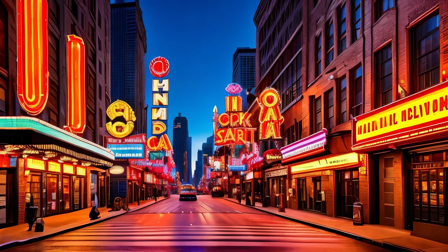 16/9 cinematic realistic wide shot of bradway streets with neon signs and lights show musical theatrical stage decoration chicago style